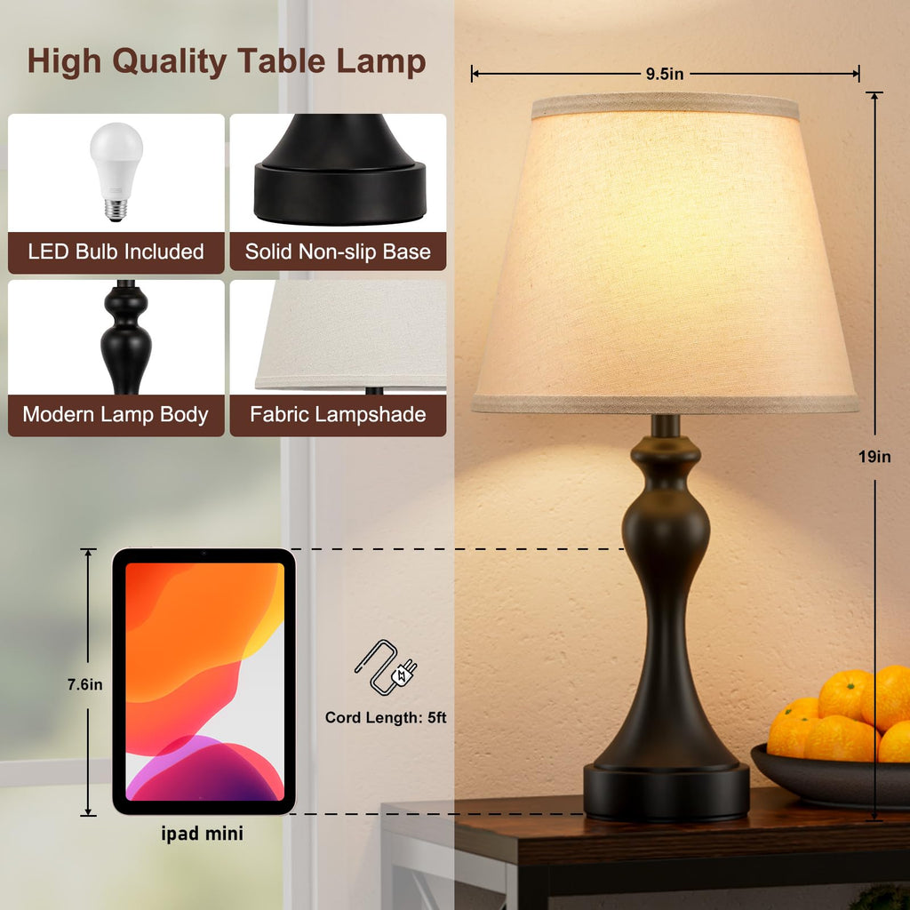 Touch Lamps for Nightstand, 3 Way Dimmable Bedside Lamps with USB C+A Ports