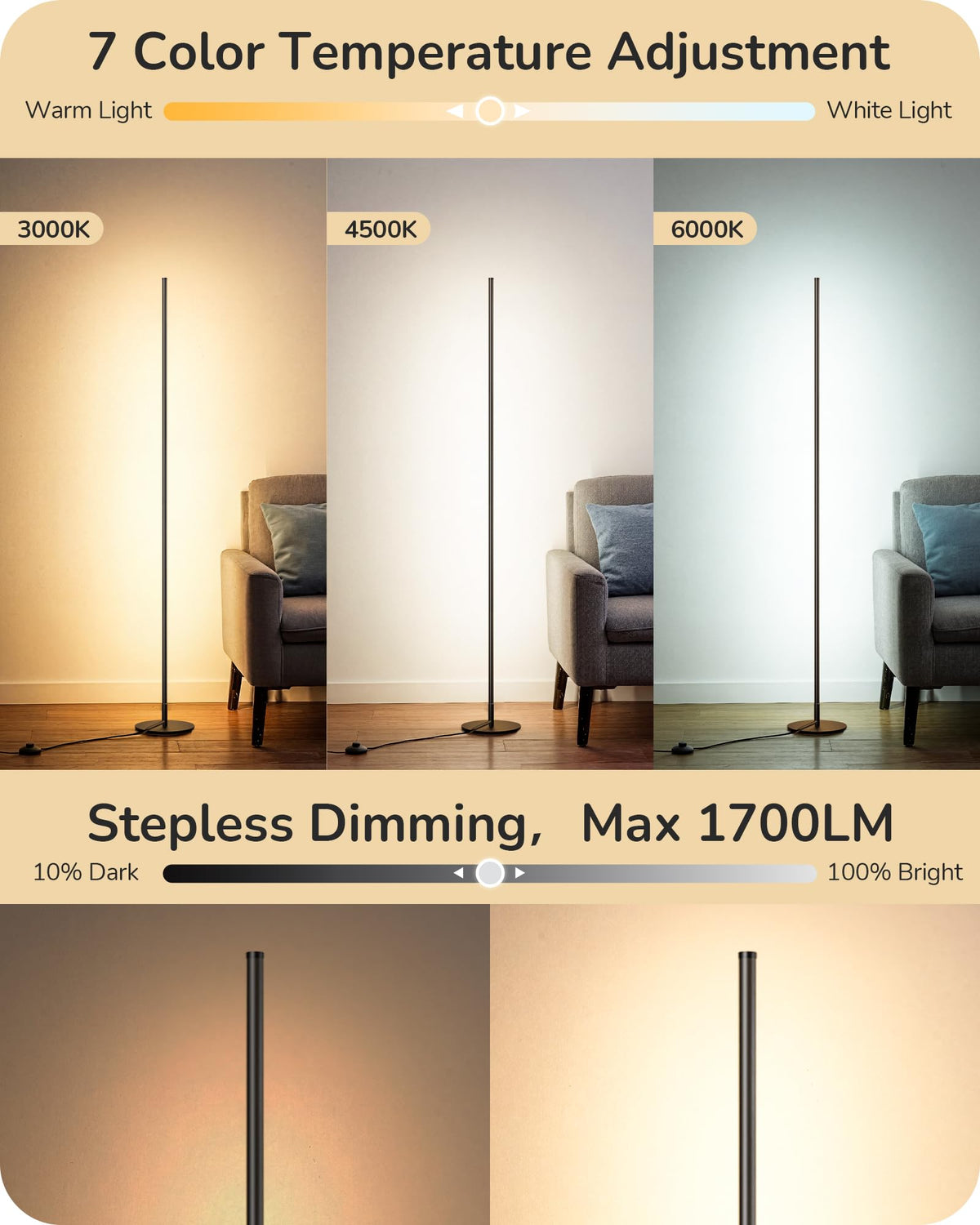 59.8" Floor Lamp with Remote & 3 Height Settings, Dimmable & 3CCT