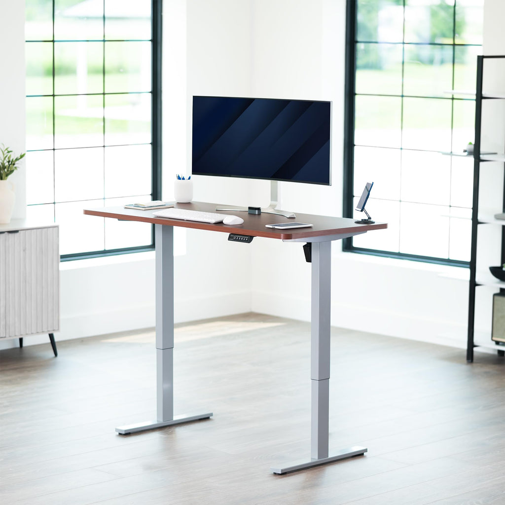 Electric 55 x 28 in Standing Desk, Memory Height Adjustment, 1B Series, Holds 220 lbs, One-Piece Dark Walnut Top, Gray Frame