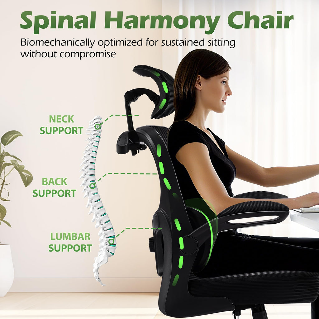 Office Chair Ergonomic Desk Chairs with Adjustable Lumbar Support& Headrest Hanger, High Back Breathable Mesh Chair with Wheels, Rolling Swivel Comfy Task Computer Chair for Home Work Gaming