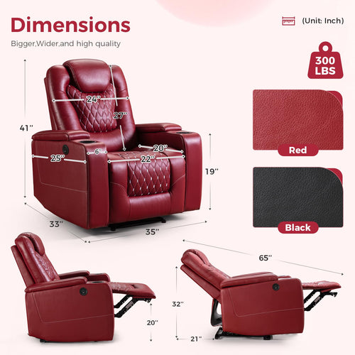 (Set of 2, Red) Power Recliner Chair with USB Ports and Cup Holders - Overstuffed Electric Home Theater Seating PU Leather Reclining Furniture with Hidden Arm Storage, Easy to Clean