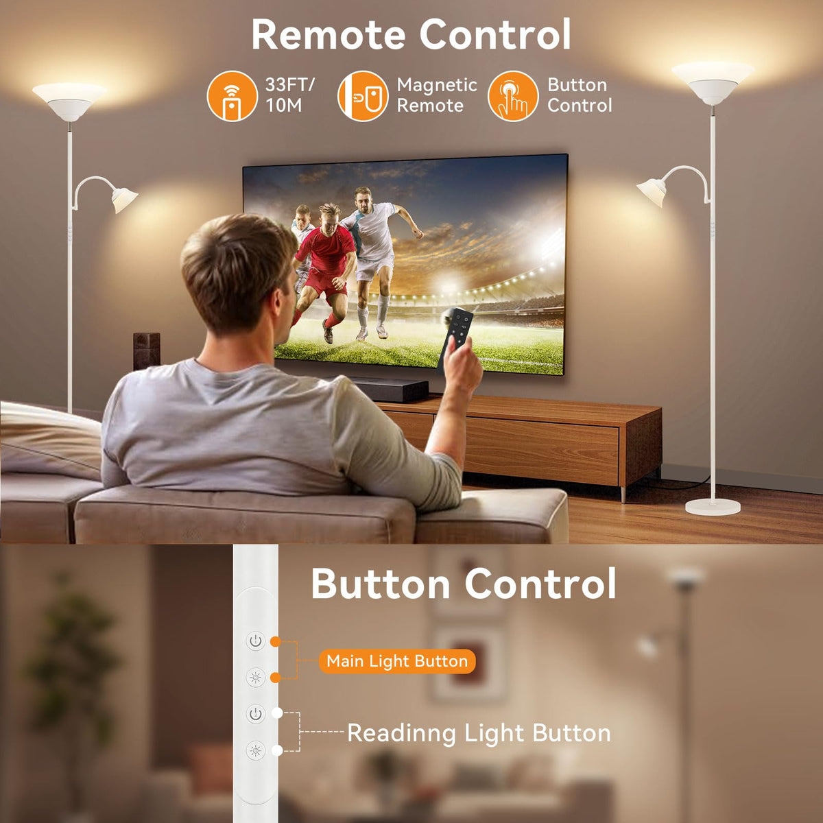 2-in-1 Torchiere Floor Lamp, 34W Super Bright LED Standing Lamp with Remote & Touch Control, 72" Dimmable Adjustable Corner Reading Lamp for Living Room, Bedroom, Office, White