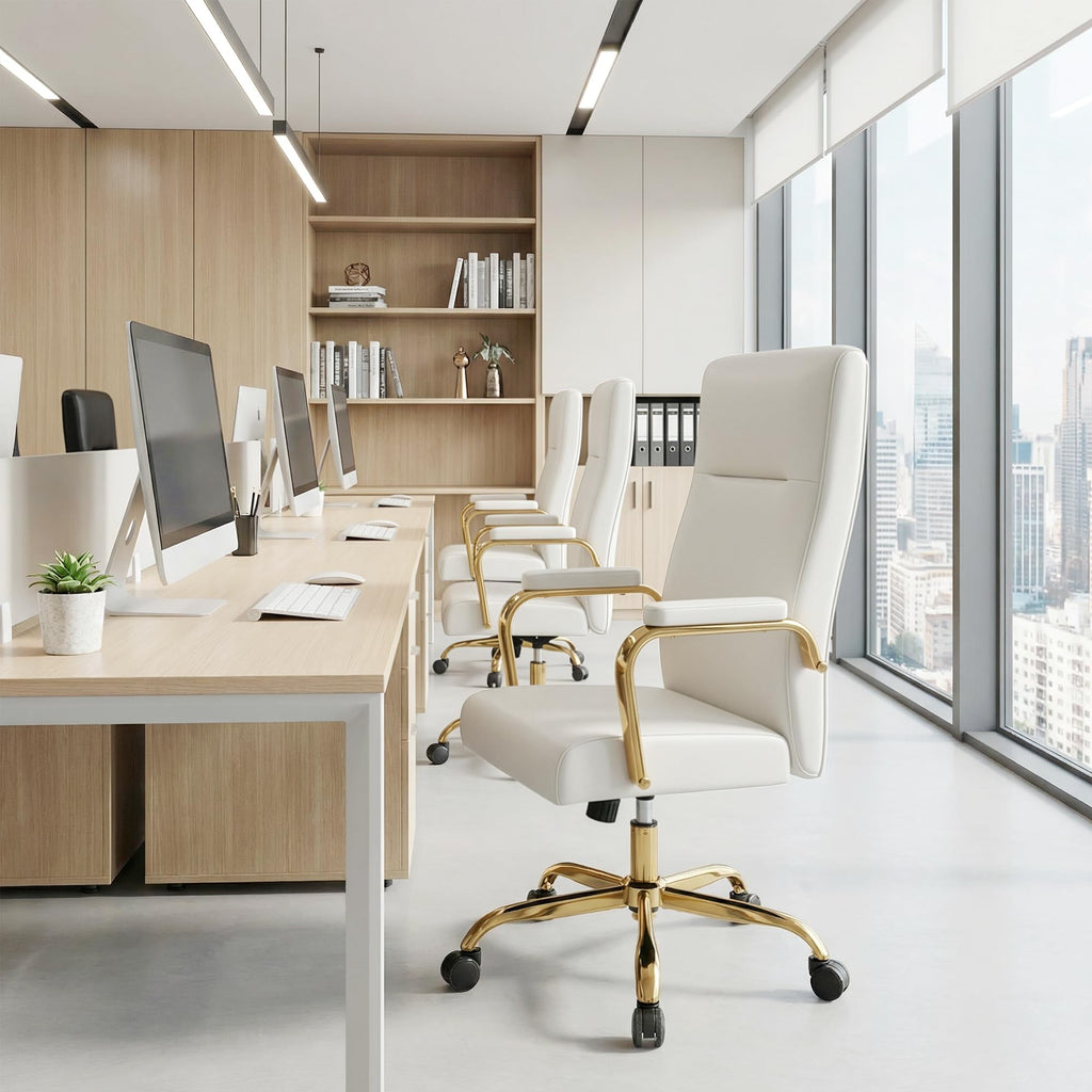White and Gold Office Desk Chair,Leather Conference Room Chairs with Wheels,Modern High Back Executive Office Chair with Memory Foam,Ergonomic Swivel Computer Chair for Home Office