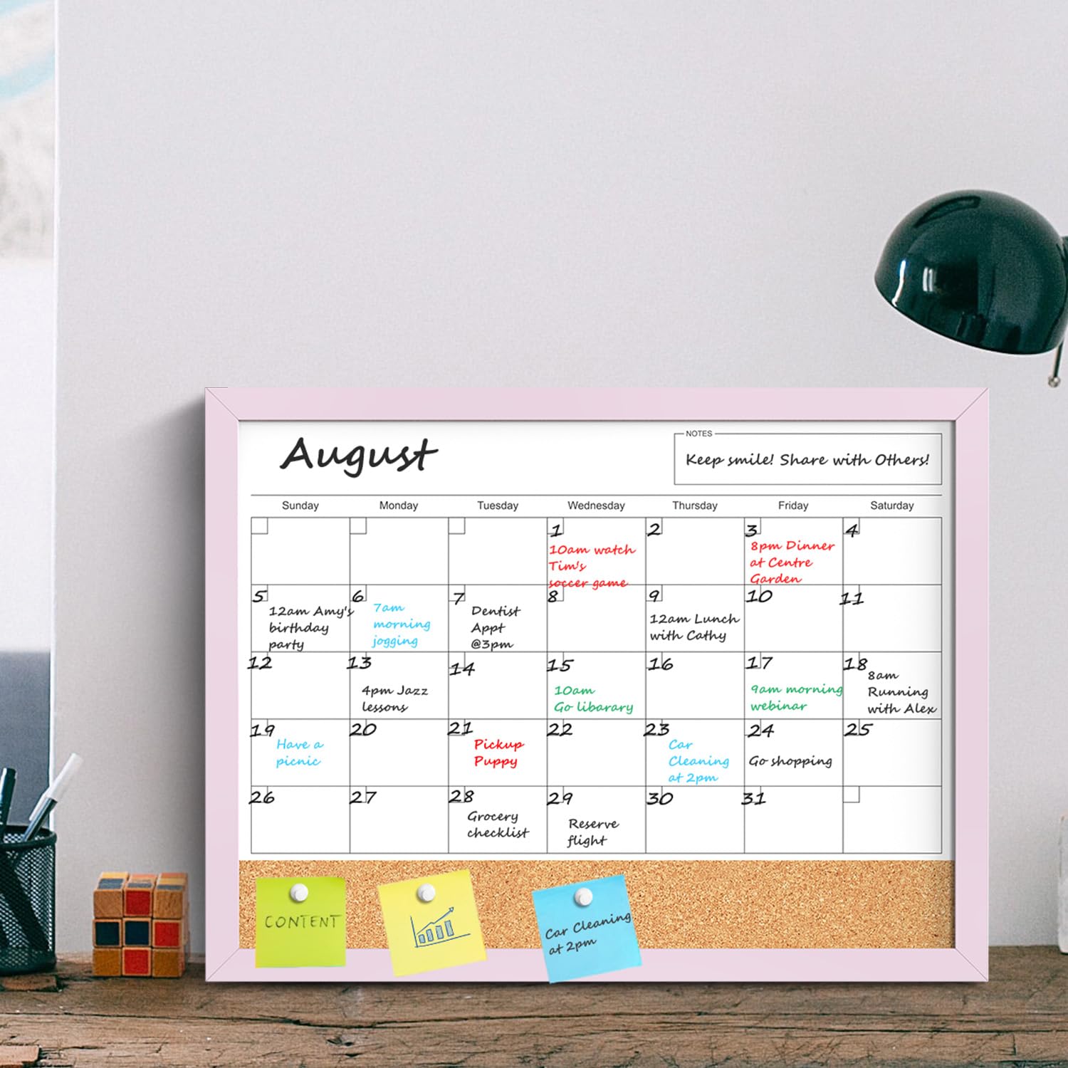 Dry Erase Calendar Cork Board Combo, 18x24 Inches Calendar Whiteboard for Wall, Magnetic White Board with Pink Wood Framed, Dry Erase Board for Planner Office Kitchen Home Memo