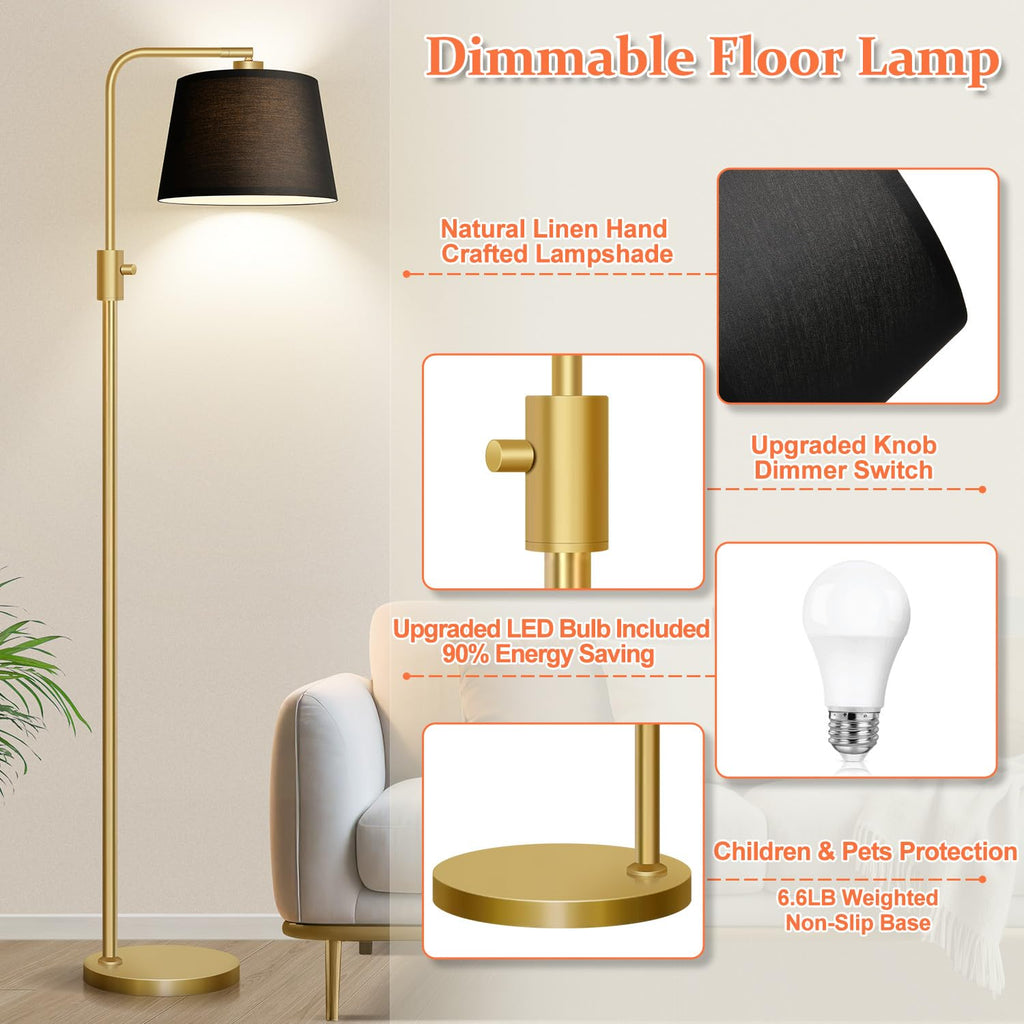 Gold Floor Lamp, 1000 LM LED Edison Bulb Included, Arc Floor Lamps for Living Room with Black Shade, Modern Standing Lamp Tall Lamps for Living Room Bedroom office