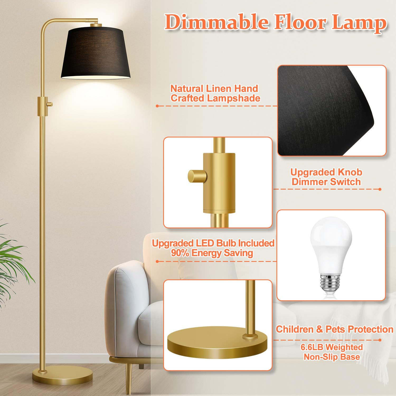 Gold Floor Lamp, 1000 LM LED Edison Bulb Included, Arc Floor Lamps for Living Room with Black Shade, Modern Standing Lamp Tall Lamps for Living Room Bedroom office