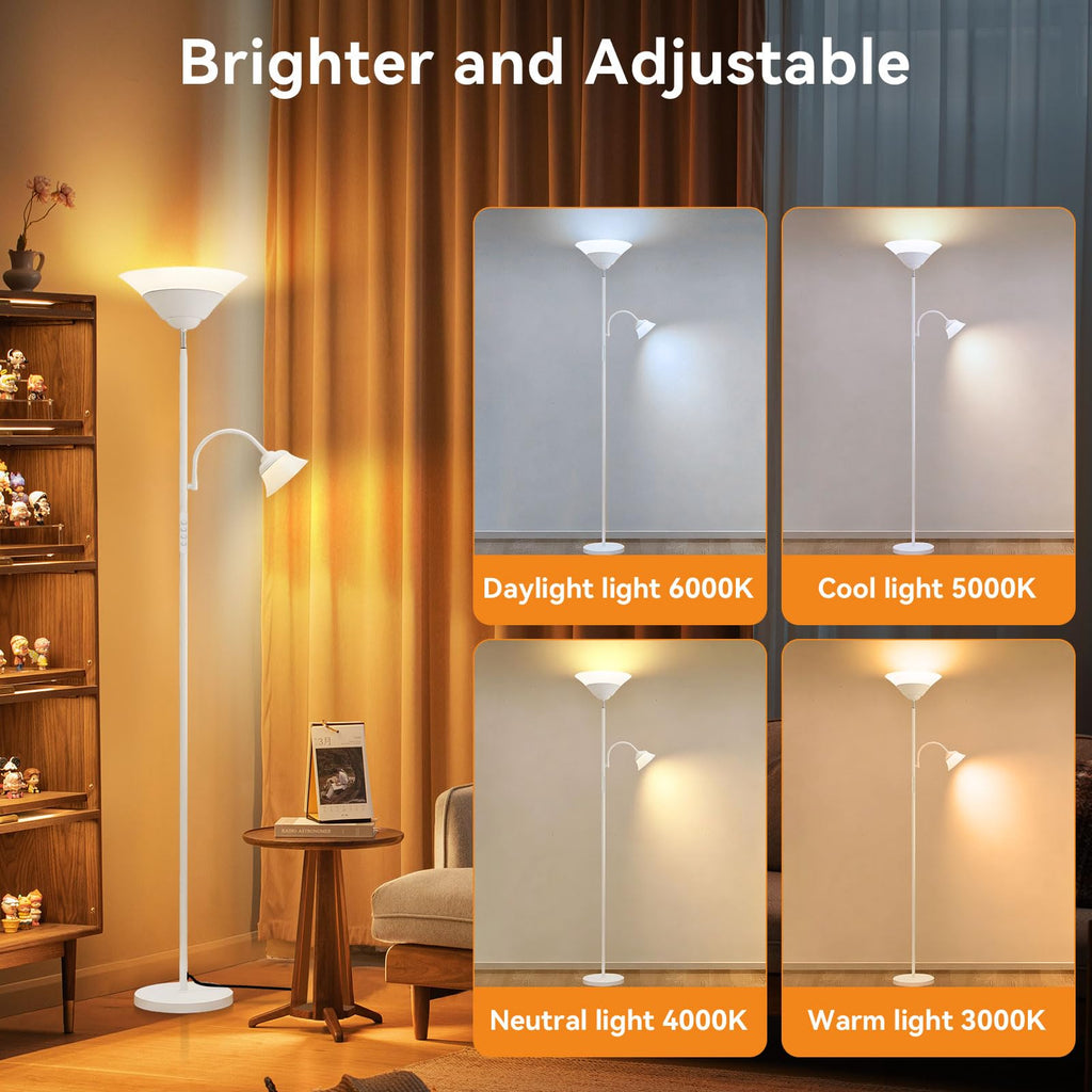 2-in-1 Torchiere Floor Lamp, 34W Super Bright LED Standing Lamp with Remote & Touch Control, 72" Dimmable Adjustable Corner Reading Lamp for Living Room, Bedroom, Office, White