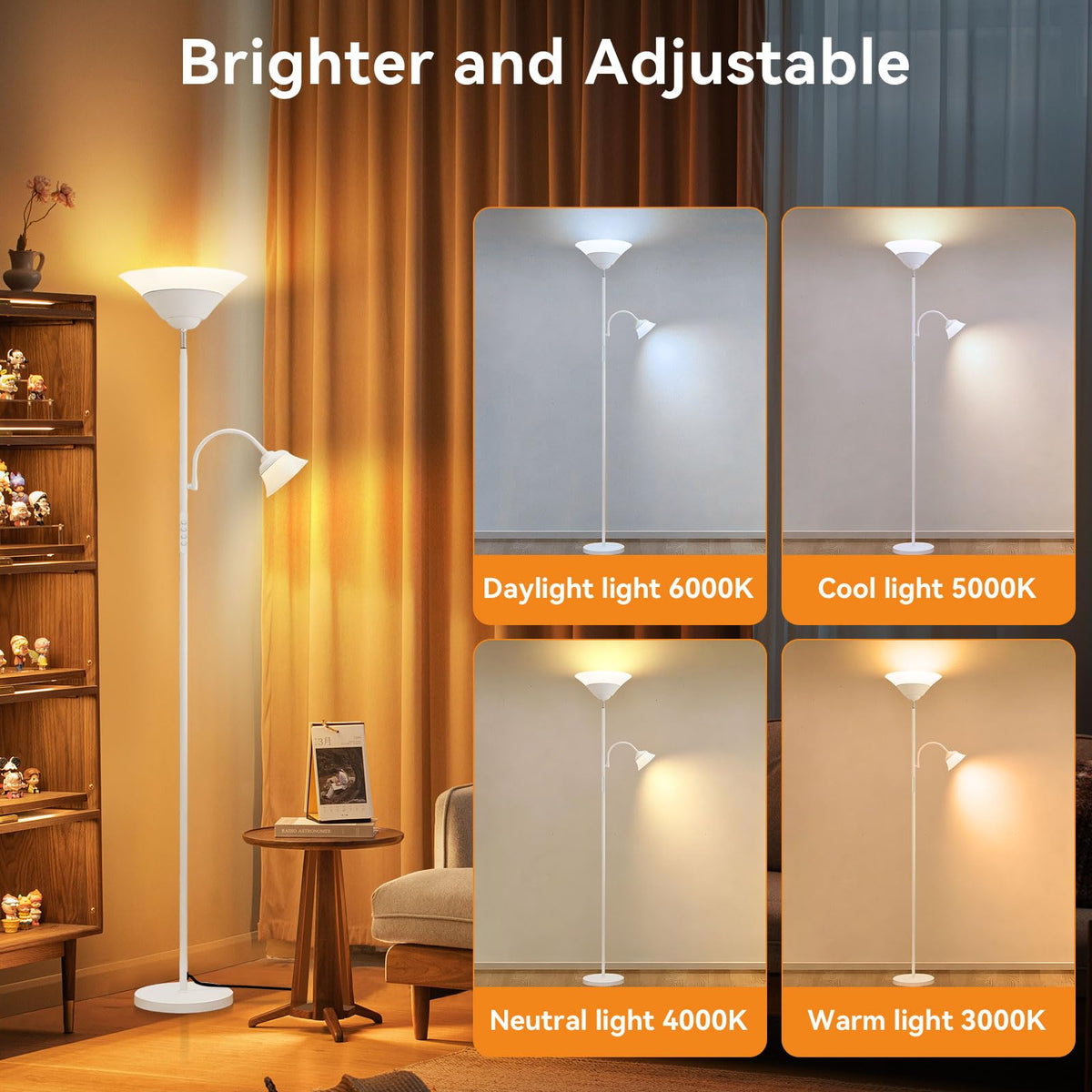 2-in-1 Torchiere Floor Lamp, 34W Super Bright LED Standing Lamp with Remote & Touch Control, 72" Dimmable Adjustable Corner Reading Lamp for Living Room, Bedroom, Office, White