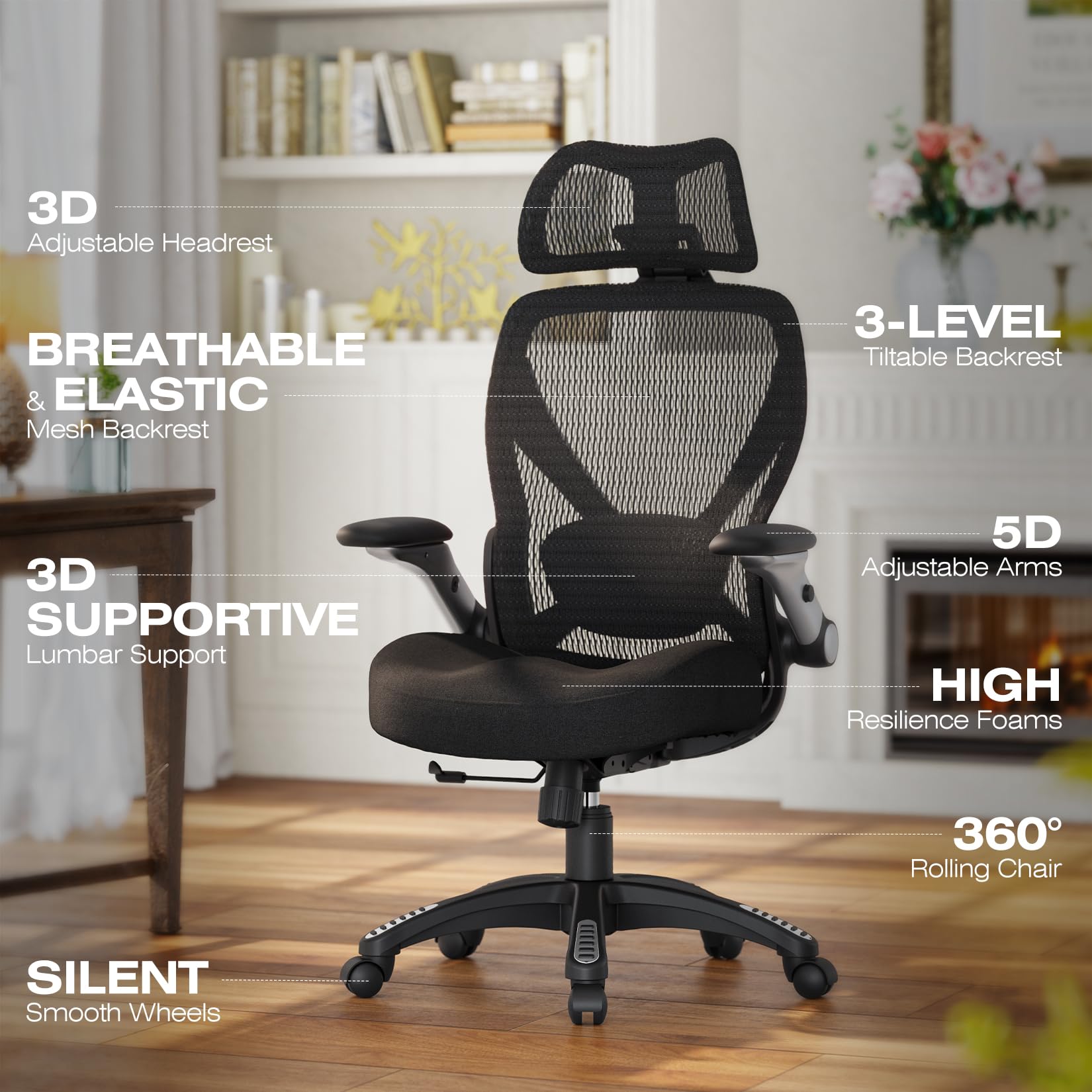 X100 Ergonomic Mesh Office Chair, Big and Tall Hone Desk Chair with 5D Flip-Up Arms, Adjustable 3D Lumbar Support,Gaming & Executive Computer Chairs for Long Hours, Padded Seat