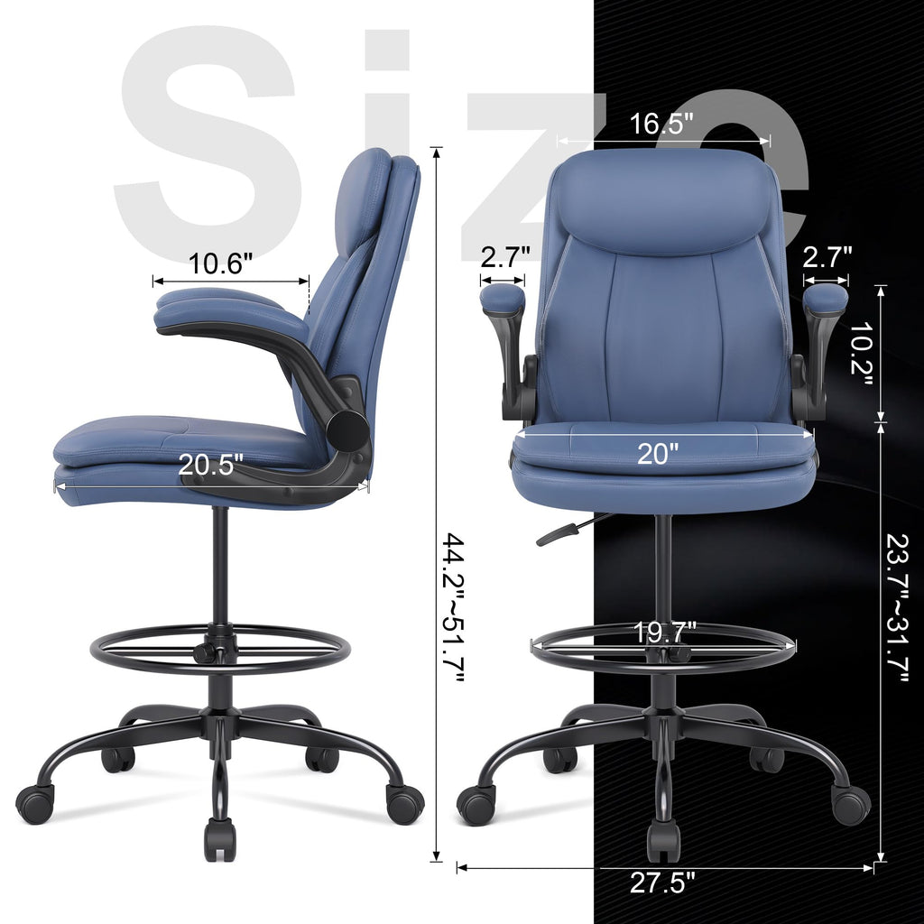 Leather Drafting Chair, Tall Office Chair for Standing Desk, High Executive Office Chair with Adjustable Height and Flip-up Armrest for Counter Height Desk