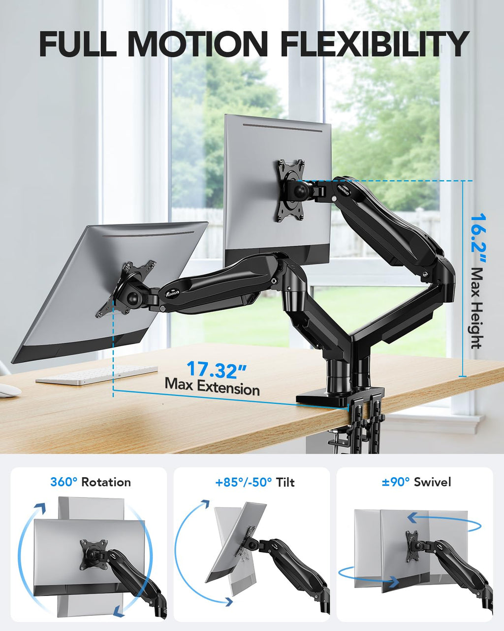 Dual Monitor Stand, Fully Adjustable Gaming Monitor Desk Mount for 13–27″ Computer Screens, Full Motion VESA 75x75/100x100 with C-Clamp & Grommet Base, Each Arm Holds 4.4 to 19.8 lbs