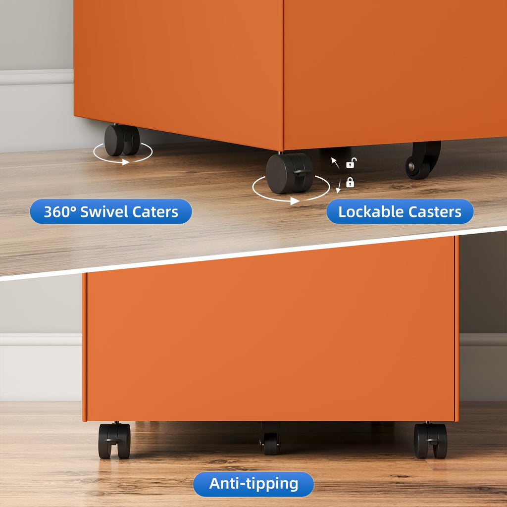 3 Drawer Metal Rolling File Cabinet Under Desk Filing Cabinet Orange