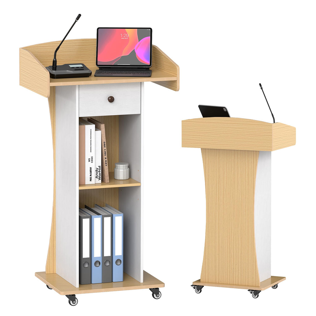 Podium Stand with Metal Wheels Wooden Teacher Lectern Portable Pulpit Standing with Drawer and Adjustable Shelf Mobile Rolling Reception Podiums for Church Office Classroom Lecture Meeting,White+Oak
