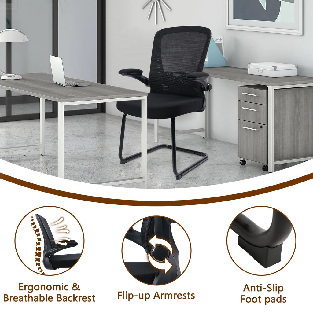 Black (2PK) Office Guest Chair no Wheels, Ergonomic Mesh Desk Chair Adjustable Lumbar Support and Flip Up Arms, Sled Base for Office Guest & Reception Chairs for Conference Room,