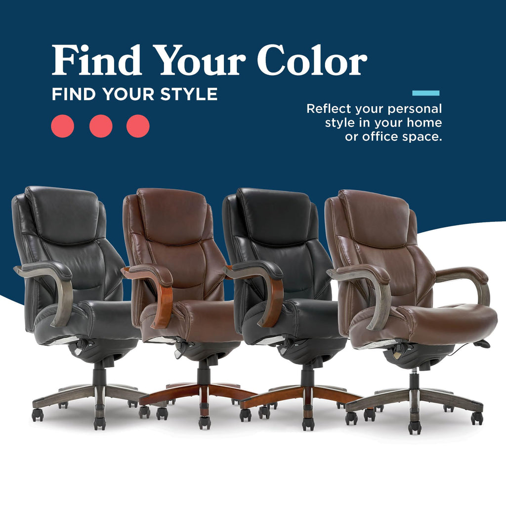 Delano Big and Tall Executive Office Chair - Ergonomic Lumbar Support Memory Foam - Bonded Leather Desk Chair for Home Office - Weathered Gray Wood Arms - Brown