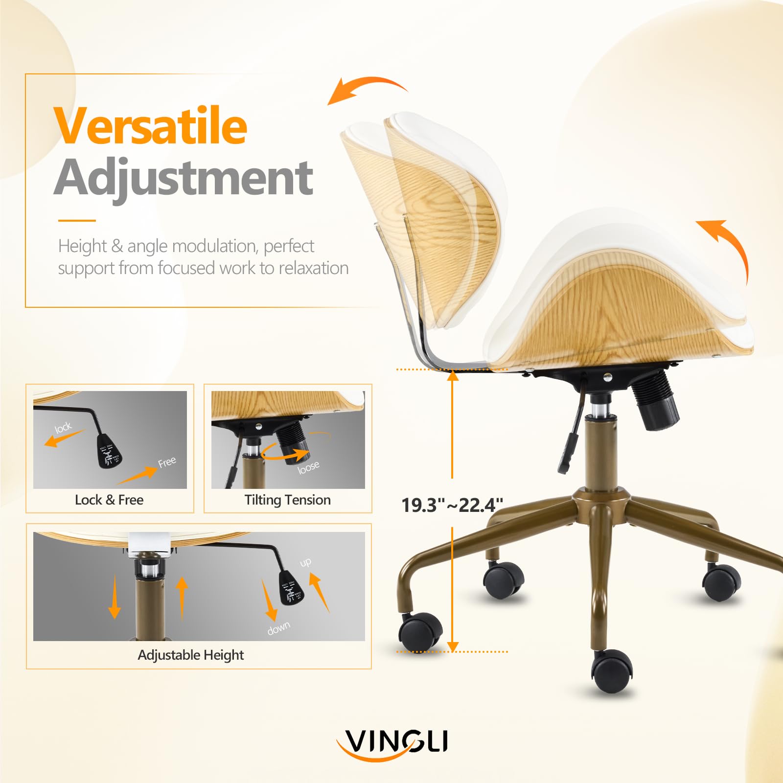 Wide Comfotable Swivel Home Office Chair with Wood-Grain Curved Shell,Ergomomic Mid-Back Padded Armless Rolling Desk Chair with Wheels,Height Adjustable for Computer,Task,Work,PU Leather,White