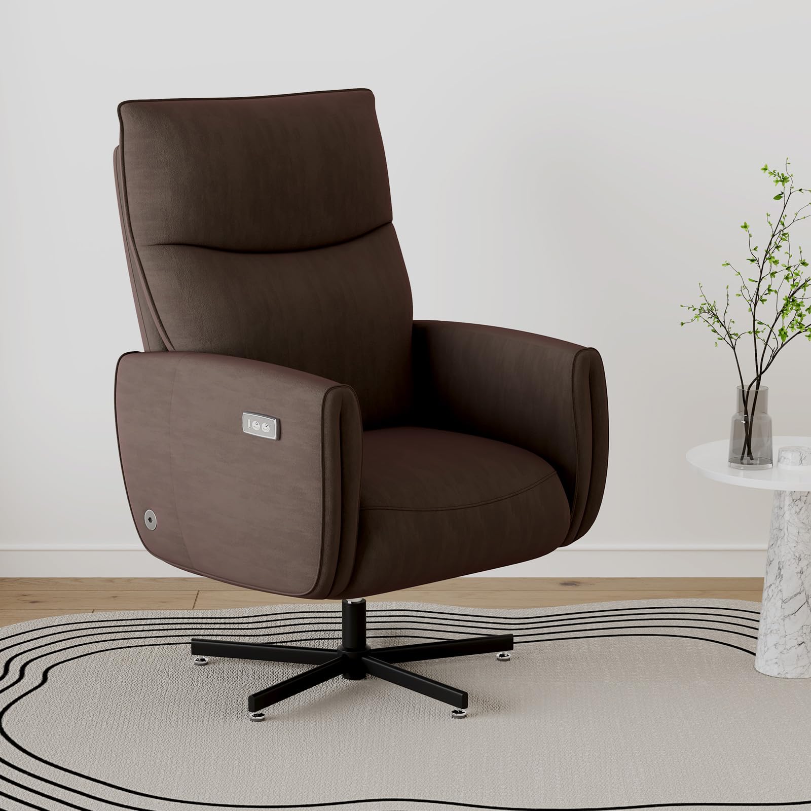 Power Swivel Recliner Chair, Modern Electric with USB & Type-C Ports, Upholstered Velvet Swivel Recliner Chair, 360° Swivel for Office & Living Room, Easy Assembly (Coffee)