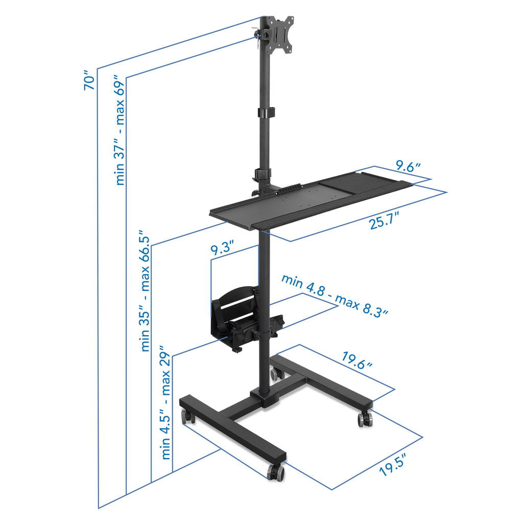 Rolling Computer Cart on Wheels, Mobile Desk Workstation with Monitor Mount for up to 32" Screen, Full Keyboard Tray, Floating Adjustable CPU Holder, Standing up to 70" Tall