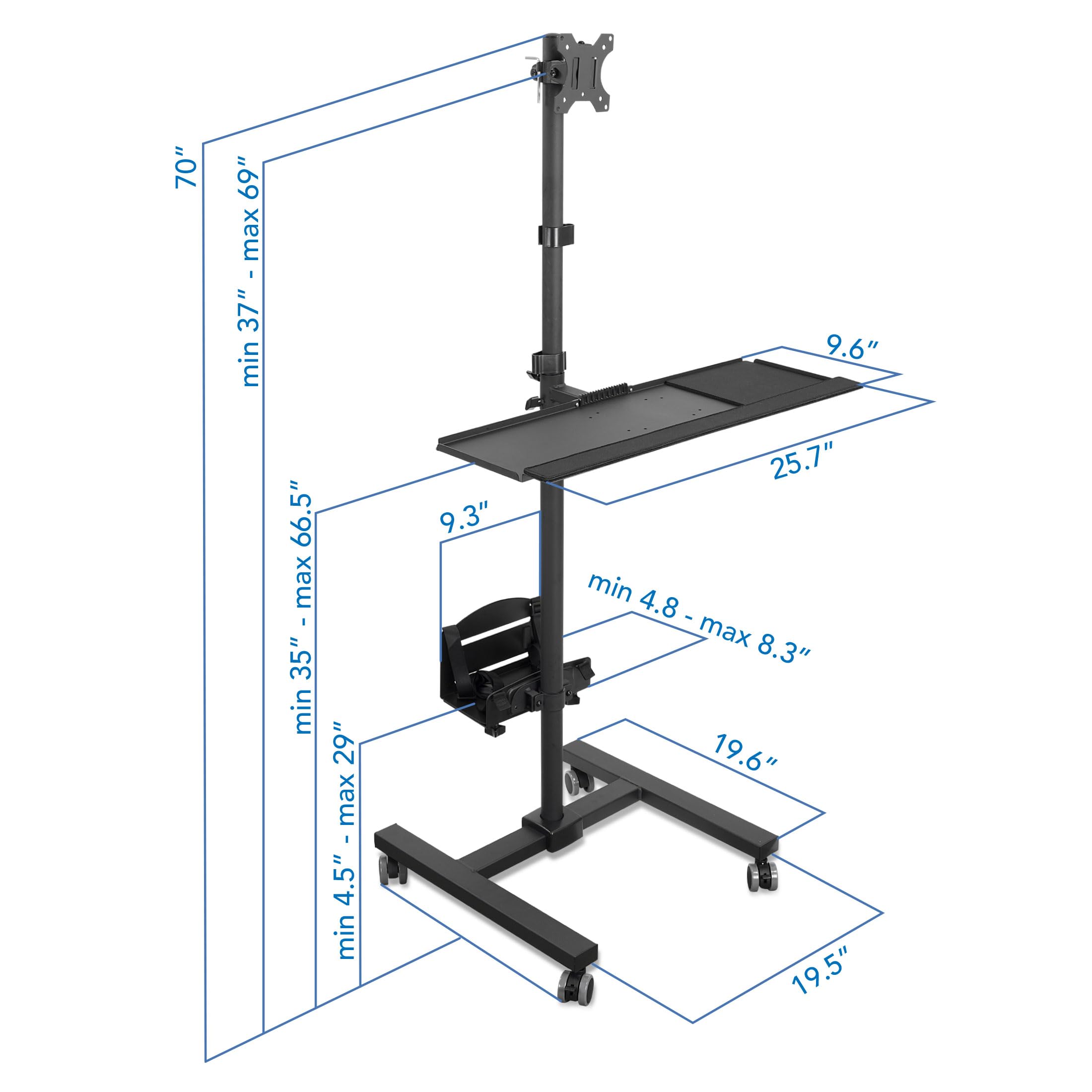 Rolling Computer Cart on Wheels, Mobile Desk Workstation with Monitor Mount for up to 32" Screen, Full Keyboard Tray, Floating Adjustable CPU Holder, Standing up to 70" Tall