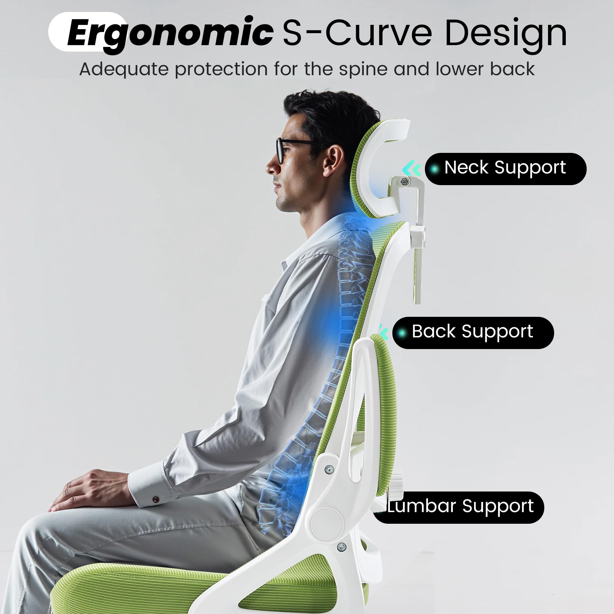 Ergonomic Office Chair, 400 LBS Desk Chair with Adjustable Lumbar Support, High Back Breathable Mesh Computer Chair Rolling Work Swivel Task Chairs, Comfy Home Office Desk Chair (Green)