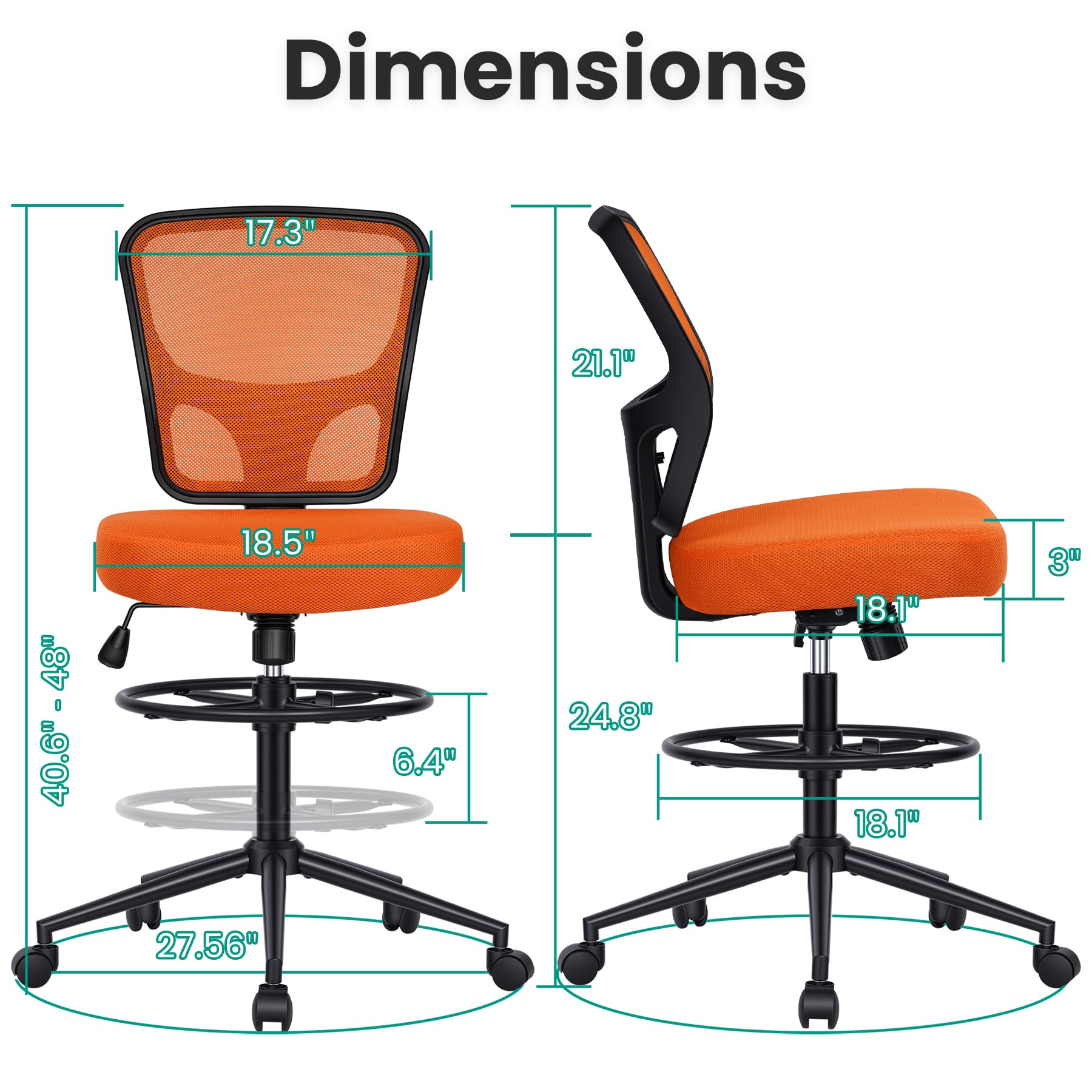 Armless Drafting Chair Tall Office Chair for Standing Desk - Adjustable Height Mesh Ergonomic Drafting Stool with Foot Ring & Wheels, Rolling Counter Height Computer Chair for Home Office
