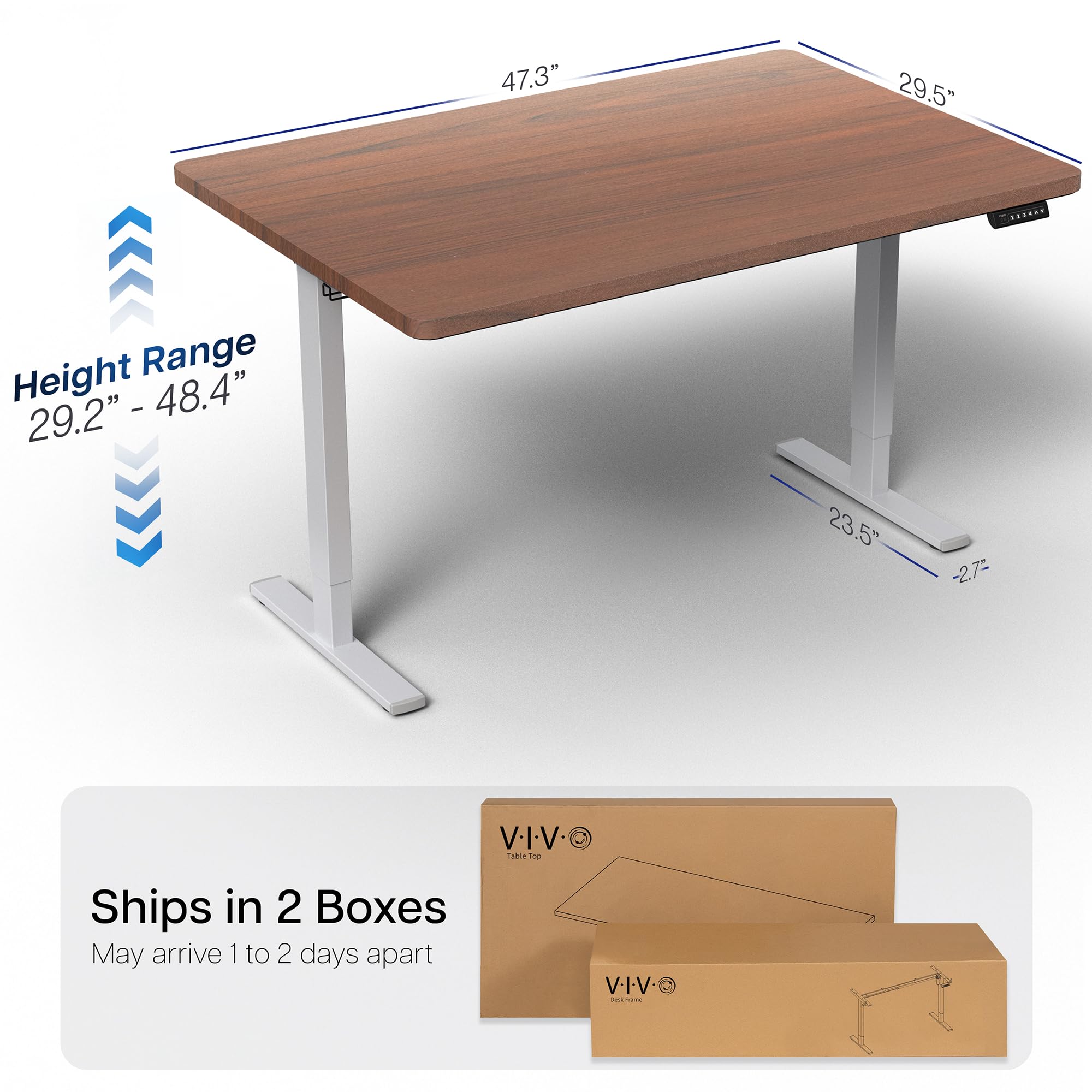 Electric 48 x 30 in Standing Desk, Memory Height Adjustment, 1B Series, Holds 220 lbs, One-Piece Dark Walnut Top, Gray Frame