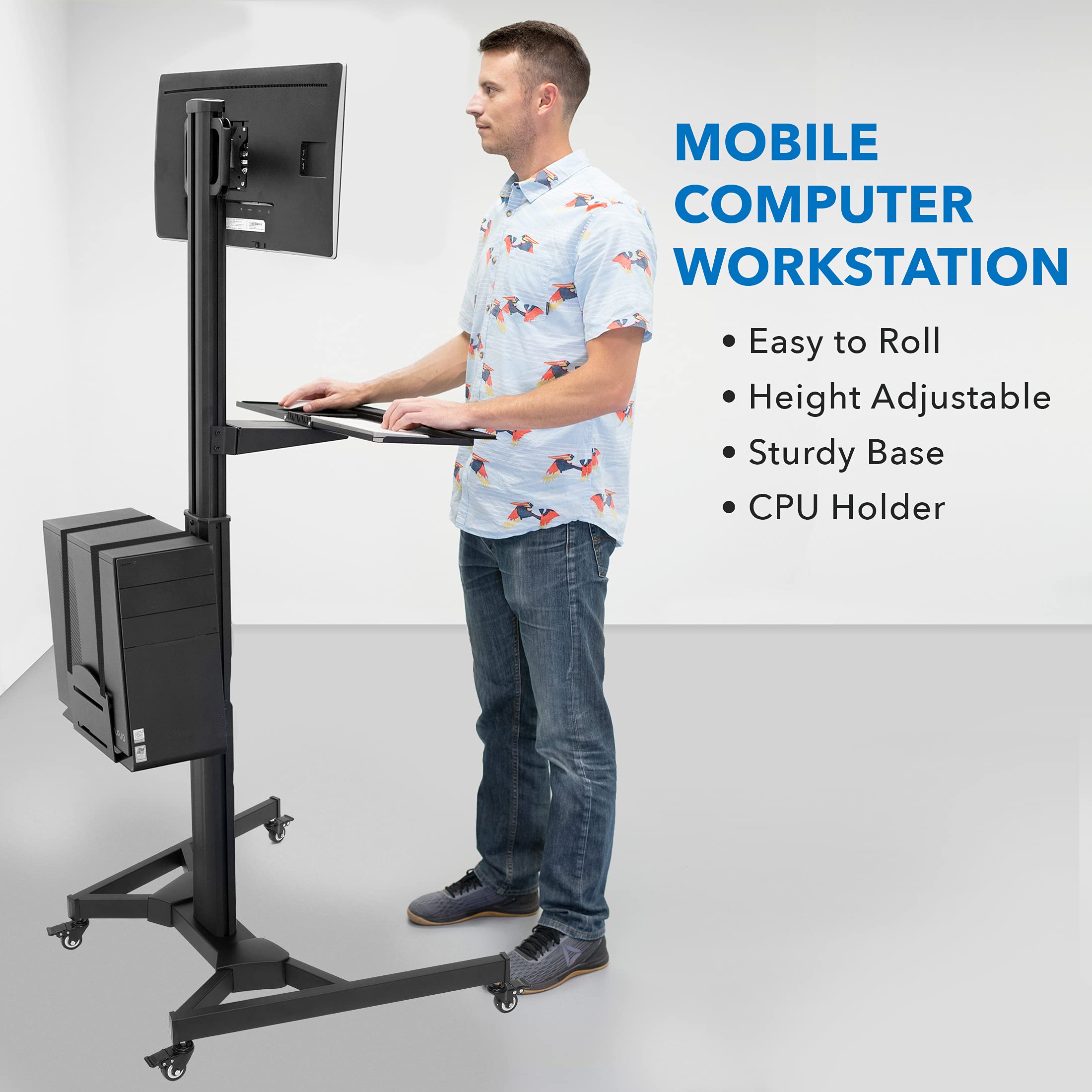 Computer Cart Mobile Desk Workstation with Monitor Mount for Screen up to 32", Rolling Computer Desk PC Cart, Keyboard & Mouse Tray, Rolling Stand with Adjustable CPU Holder, 63.5" Tall