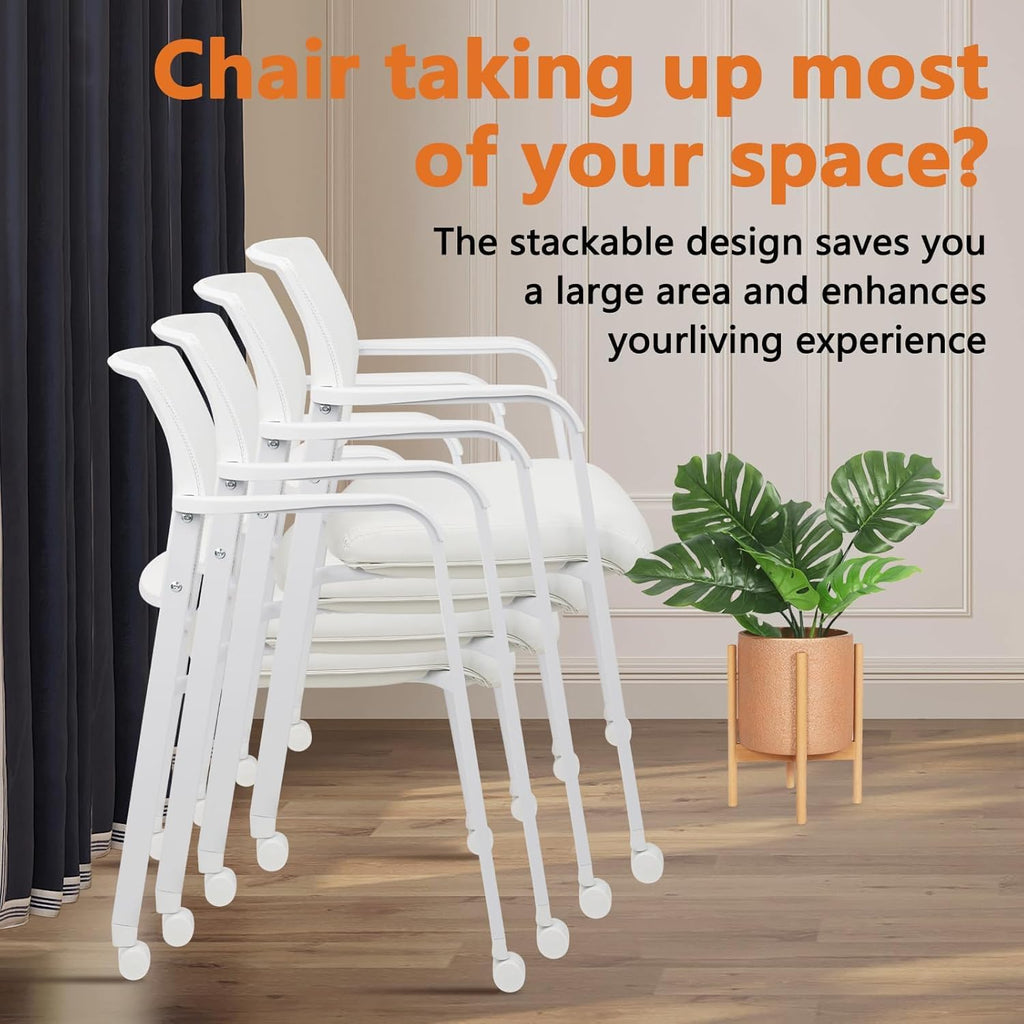 Set of 8, Stacking Office Chairs with Wheels | Mesh Back, Thicken Leather Seat and Streamline Armrests, Ergonomic Lumber Support | School, Desk, Guest Reception, Waiting, Conference | White