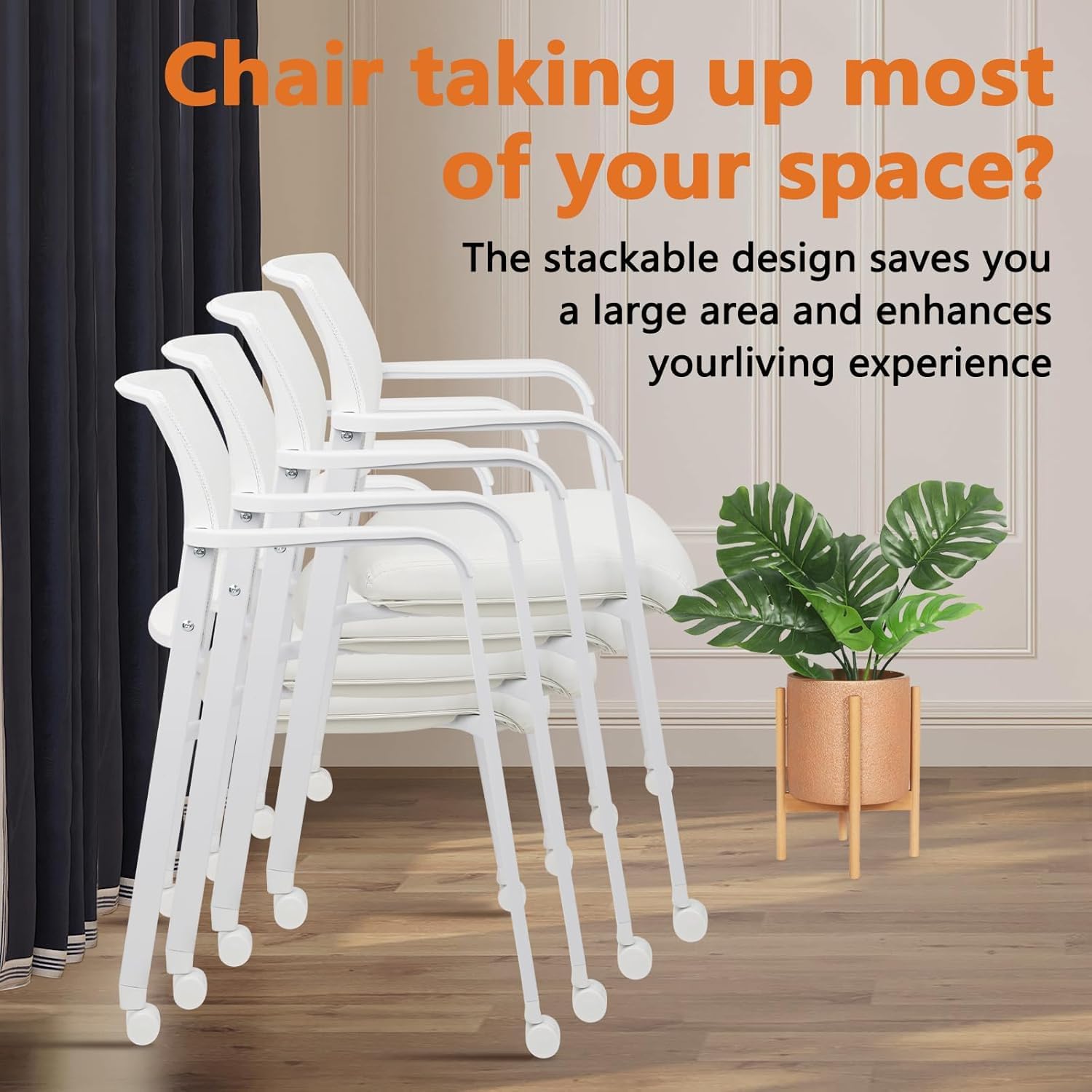 Set of 8, Stacking Office Chairs with Wheels | Mesh Back, Thicken Leather Seat and Streamline Armrests, Ergonomic Lumber Support | School, Desk, Guest Reception, Waiting, Conference | White