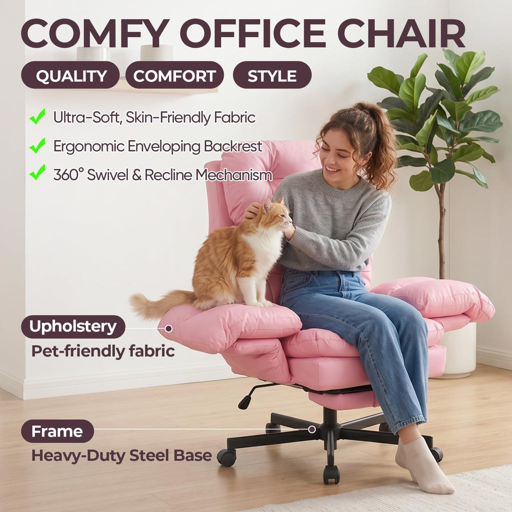 Criss Cross Office Chair with Foot Rest, Big and Tall Office Desk Chair with Flip Armrests for Pets & Cross Legged Sitting, Comfy Executive Ergonomic Reclining Computer Gaming Vanity Chair, Pink