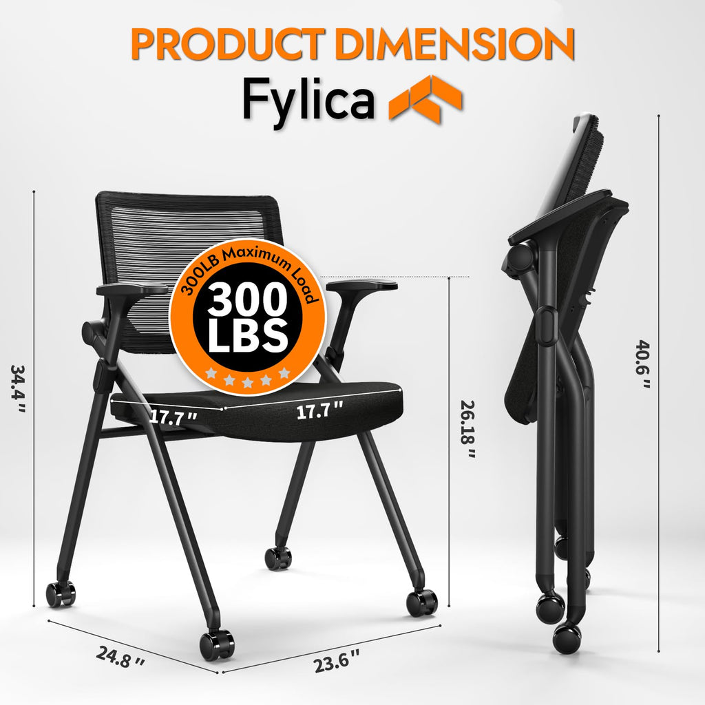 Foldable Office Chair Set of 2 with PU Wheels Ergonomic Mesh Bouncing Back, Stackable Conference Room Chair, Office Guest & Reception & Meeting Chair (Black)