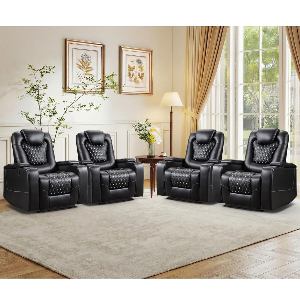 Power Recliner Chair Set of 4, Electric Soft Faux Leather Reclining Home Theater Seating - USB Ports, Cup Holders, Hidden Arm Storage Movie & Media Room Chairs (Black)