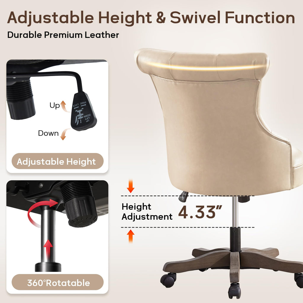 Home Office Chair Upholstered PU Leather Armless Desk Chair with Wheels Adjustable Height Computer Desk Chair with Wooden Legs Comfortable Swivel Chair for Home Office Study Studio (Light Taupe)