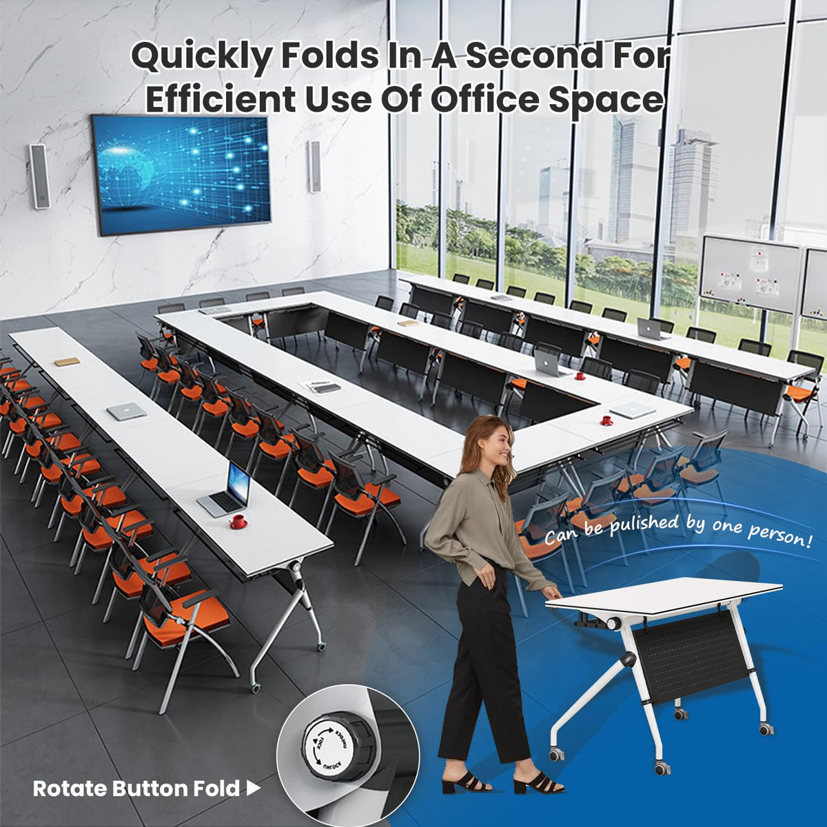 Folding Conference Tables,47.2x23.6x29.5in Modern Conference Room Tables Seminar Mobile Training Table,with Caster Modular Flip Top Meeting Table for Office Conference Room (White, 8 Pack)