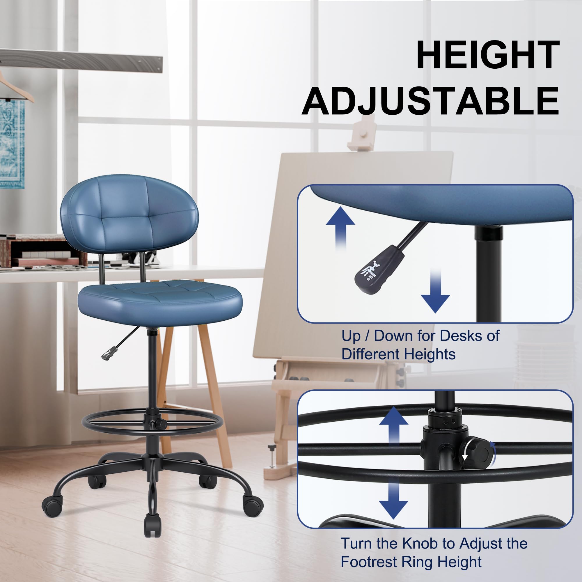Drafting Chair Without Arms, Tall Office Chair with Footrest Ring for Standing Desk, Small Faux Leather Executive Chair with Adjustable Height for Bar Lab Counter Height Desk, Navy Blue