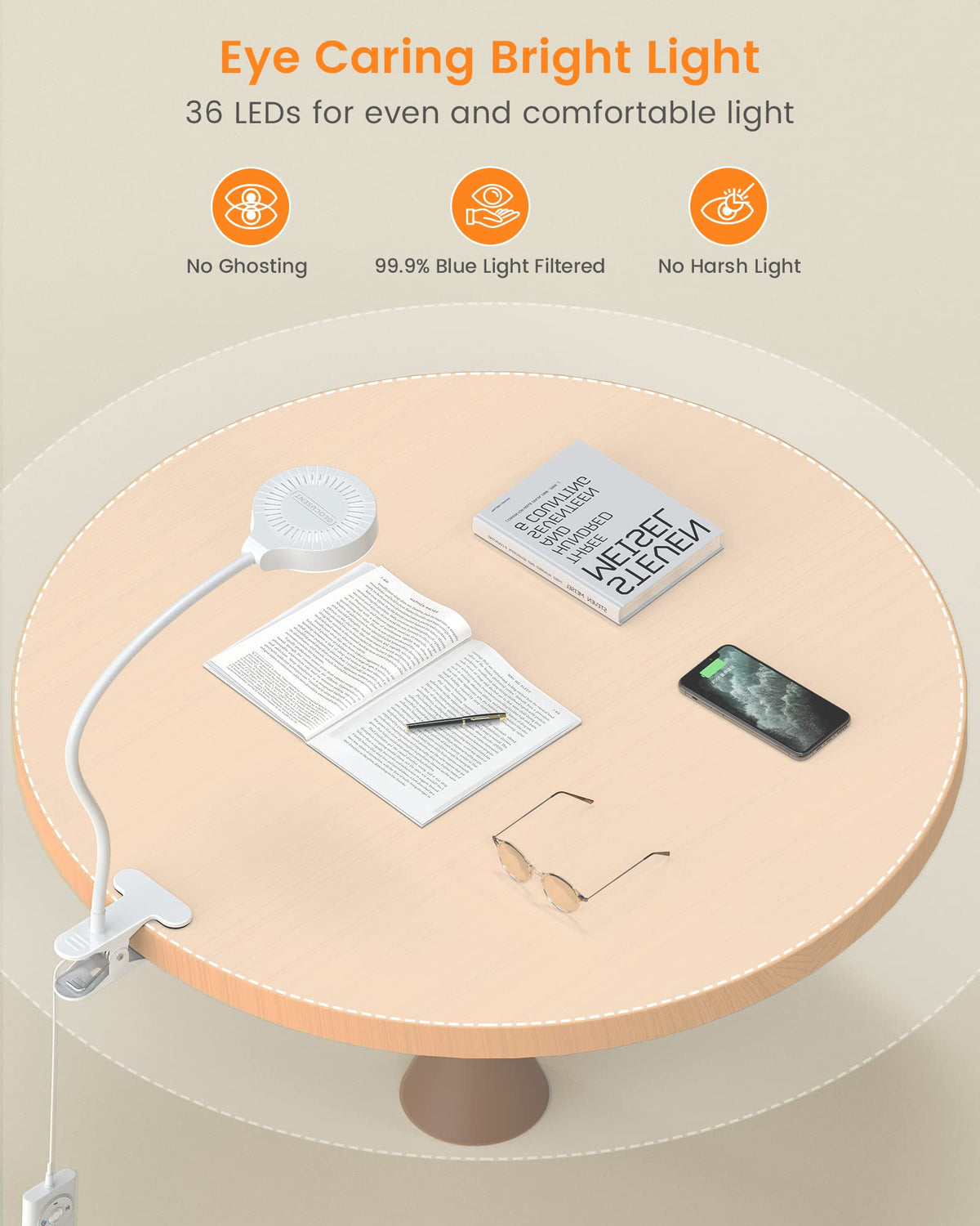 5W Clip on Light, 3 Colors & 5 Brightness Reading Light for Bed