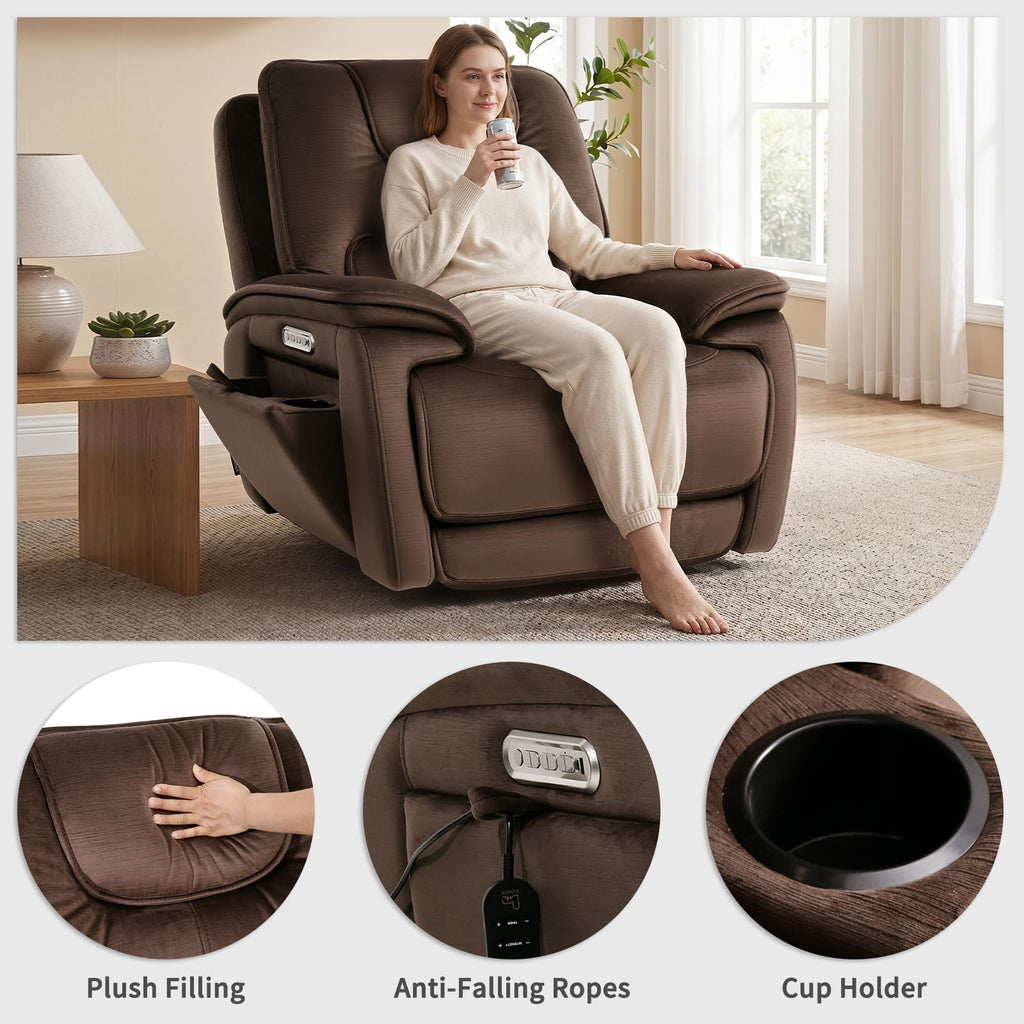 Triple Motor Lay Flat Zero Gravity Power Recliner Chair with Heat and Massage, Independent Adjustable Backrest Footrest Headrest, 400lbs Heavy Duty Medium Size, Stylish Chenille, Dark Brown