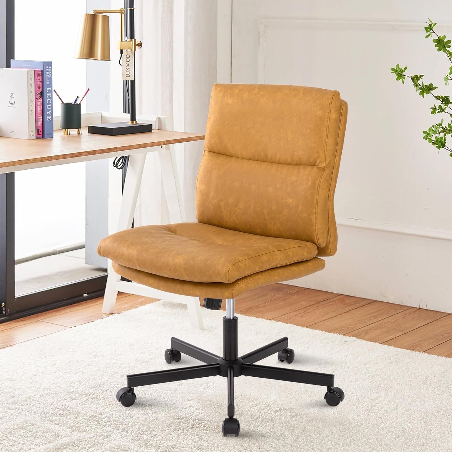 Armless Office Desk Chair with Wheels, Double Padded PU-Leather Chairs, Mid-Back Criss Cross Swivel Task Chair, Height Adjustable Cushioned Vanity Chair for Home, Office & Bedroom (Yellow)