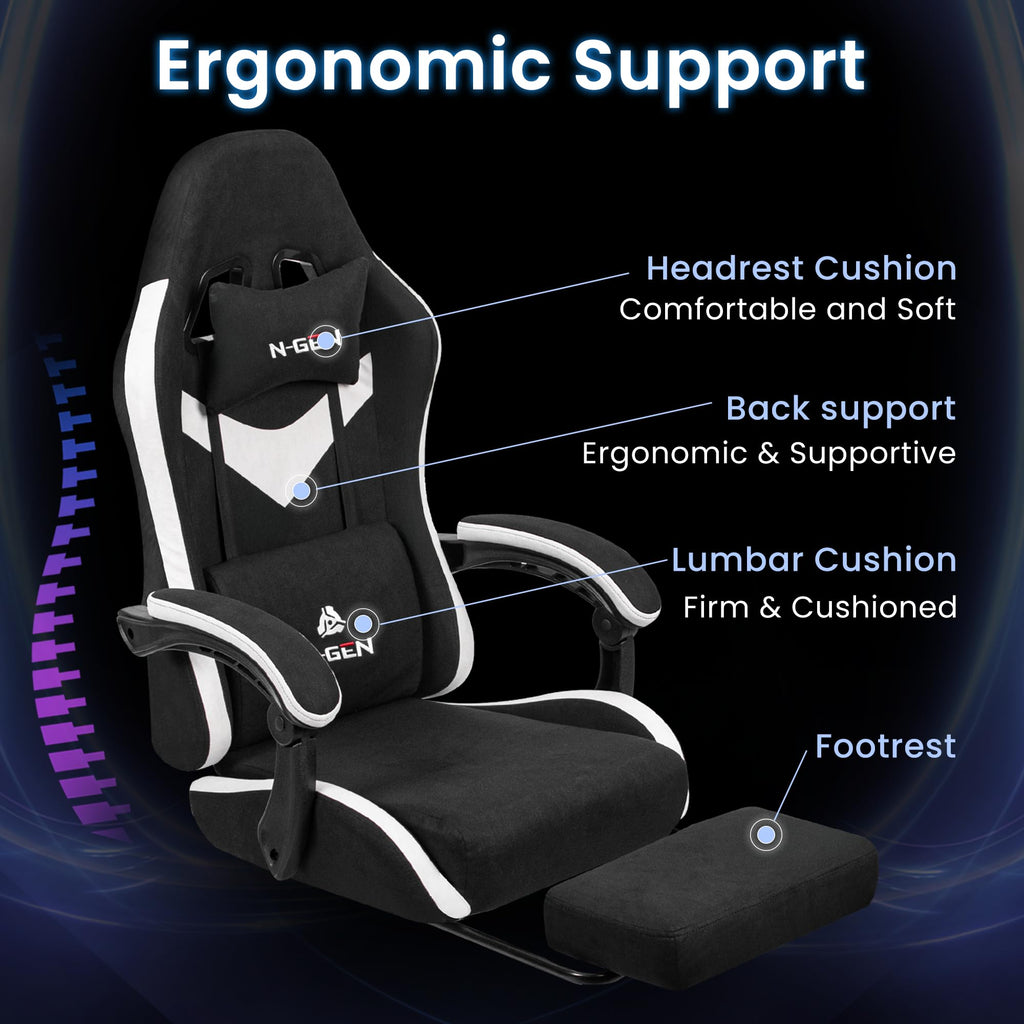 Gaming Chair with Footrest Lumbar Support for Home Office High Back Recliner Height Adjustable Ergonomic Comfy Fabric Computer Desk Chair (Black)