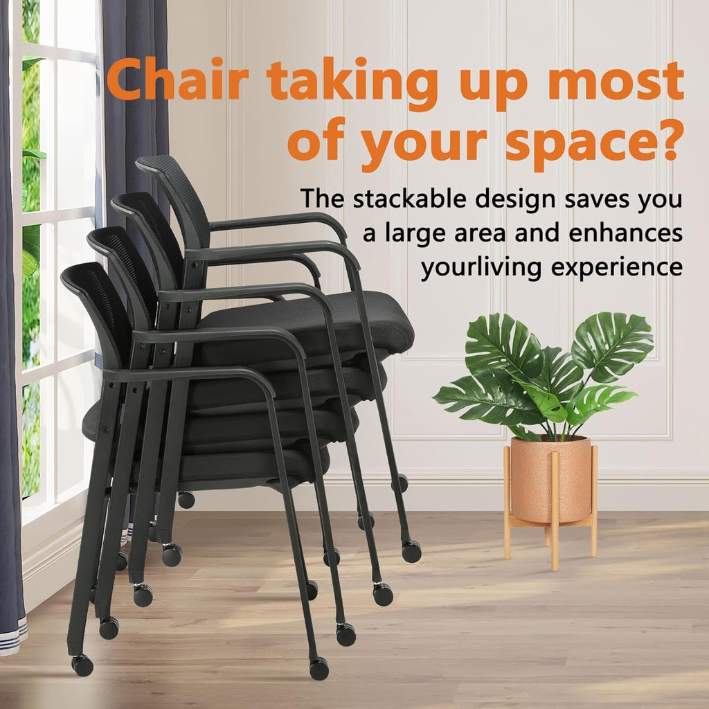8PK, Mesh Back Guest Reception Arm Chairs with Wheels, Waiting Room Chairs with Upholstered Fabric Seat and Ergonomic Lumbar Support for Office,