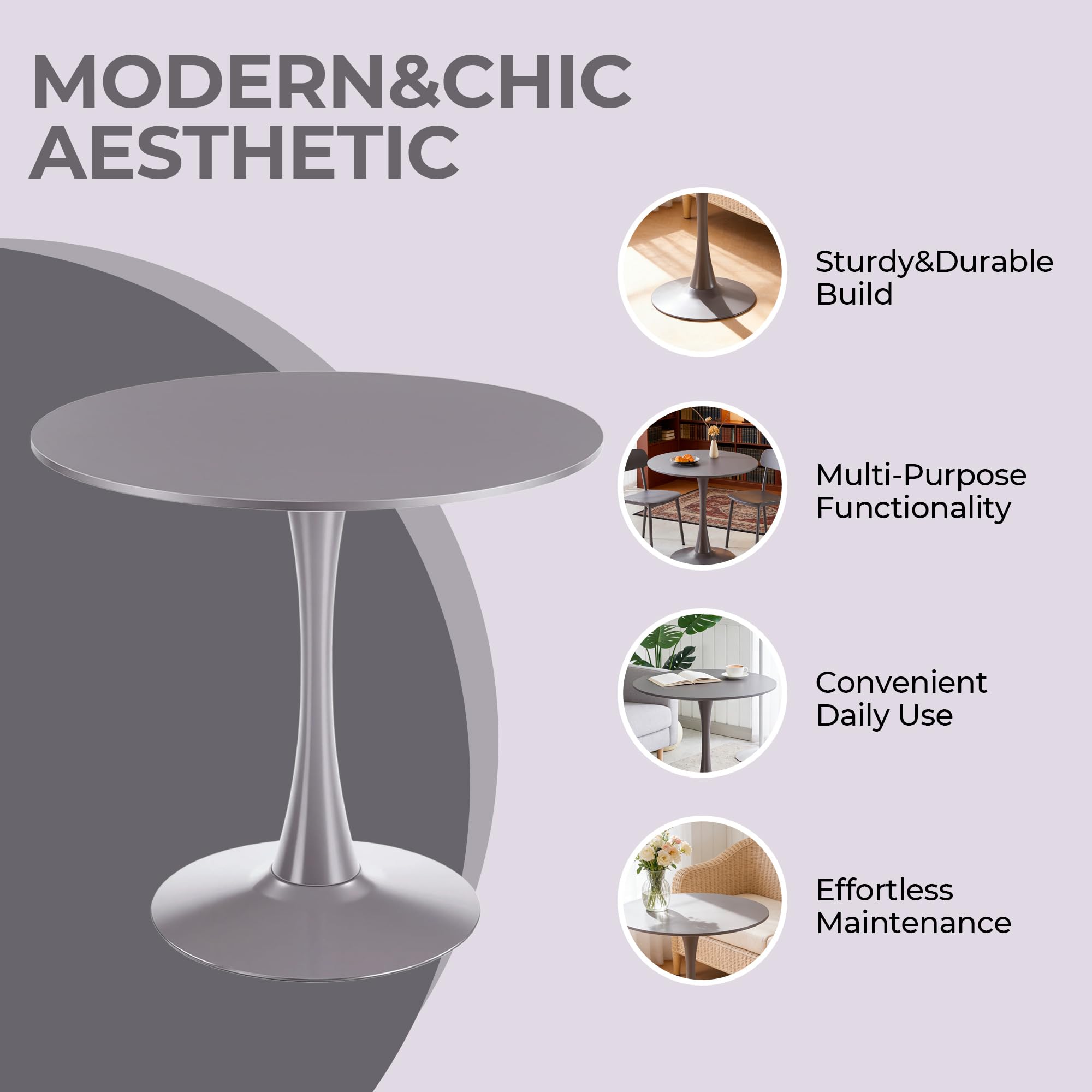 Sybrioka 31.5" Tulip Table for 2-4 Persons Modern Round Dining Room Table, Mid-Century Modern Grey Small Kitchen Table with MDF Wooden Top, Leisure Coffee Table for Living Room, Dining Room, Office
