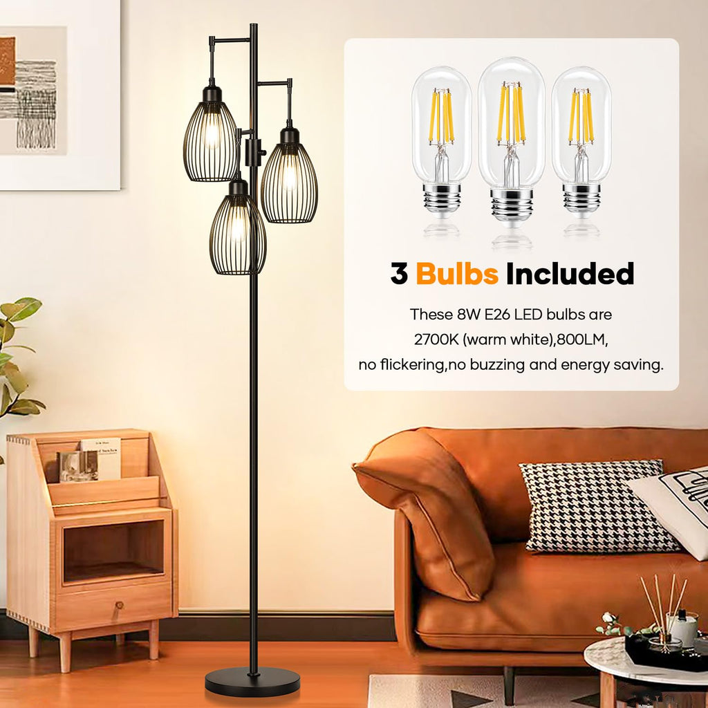 Floor Lamp, 3 x 800LM LED Edison Bulbs Included, Farmhouse Industrial Floor Lamp Standing Tree Lamp with Elegant Teardrop Cage Tall Lamps for Living Room Bedroom Office Dining Room-Black