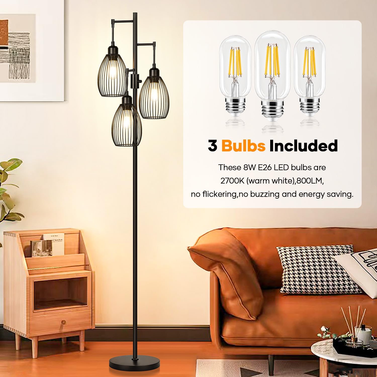 Floor Lamp, 3 x 800LM LED Edison Bulbs Included, Farmhouse Industrial Floor Lamp Standing Tree Lamp with Elegant Teardrop Cage Tall Lamps for Living Room Bedroom Office Dining Room-Black