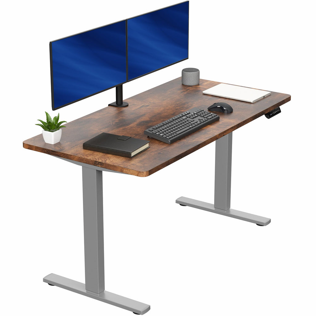 Electric 55 x 28 in Standing Desk, Memory Height Adjustment, 1B Series, Holds 220 lbs, One-Piece Rustic Vintage Brown Top, Gray Frame