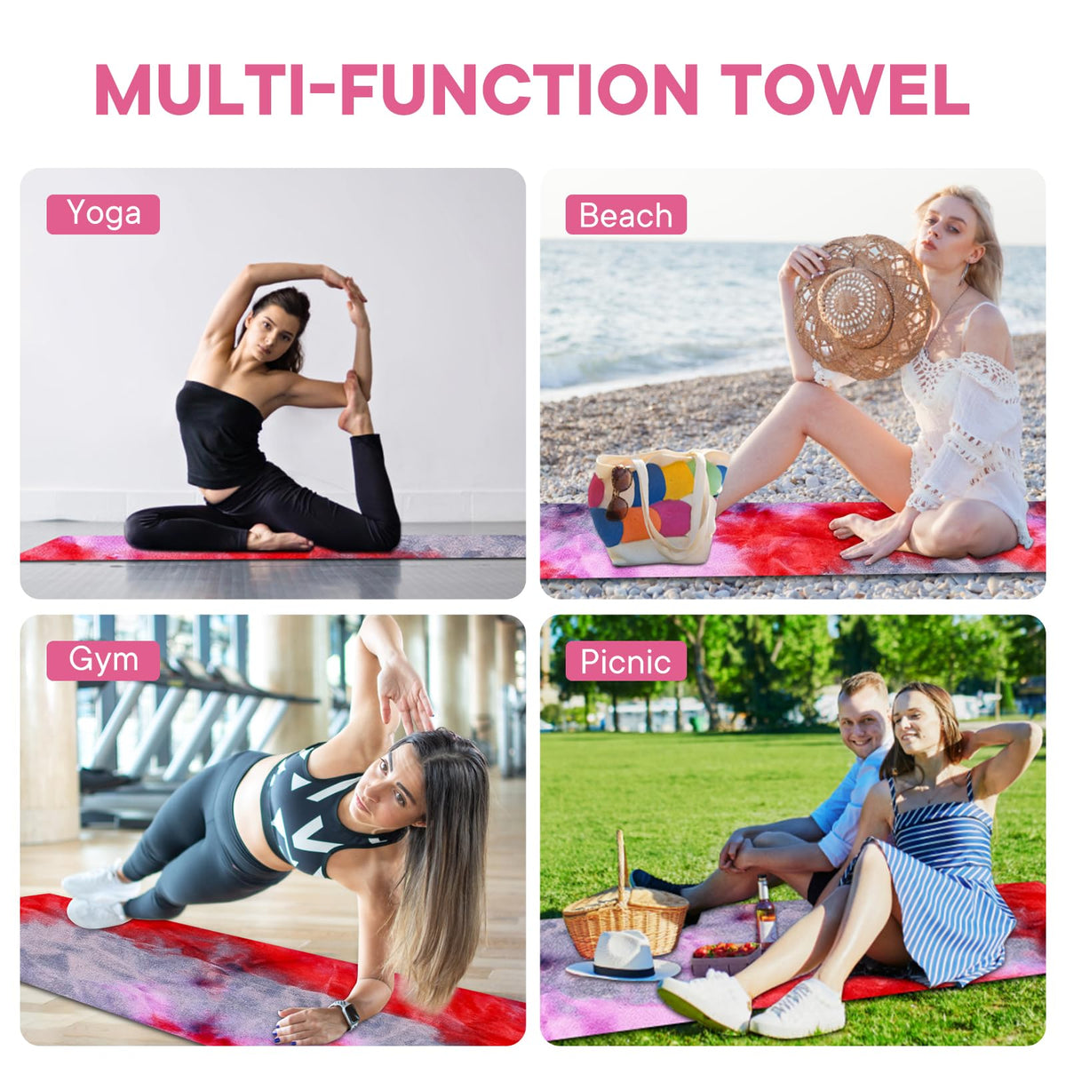 Yoga Towels, Non Slip Hot Yoga Mat Towel with Grip Dots,Super-Absorbent Soft Microfiber Yoga Blanket for Pilates, Fitness and Workout 72inch x 24inch (Purple+Red)