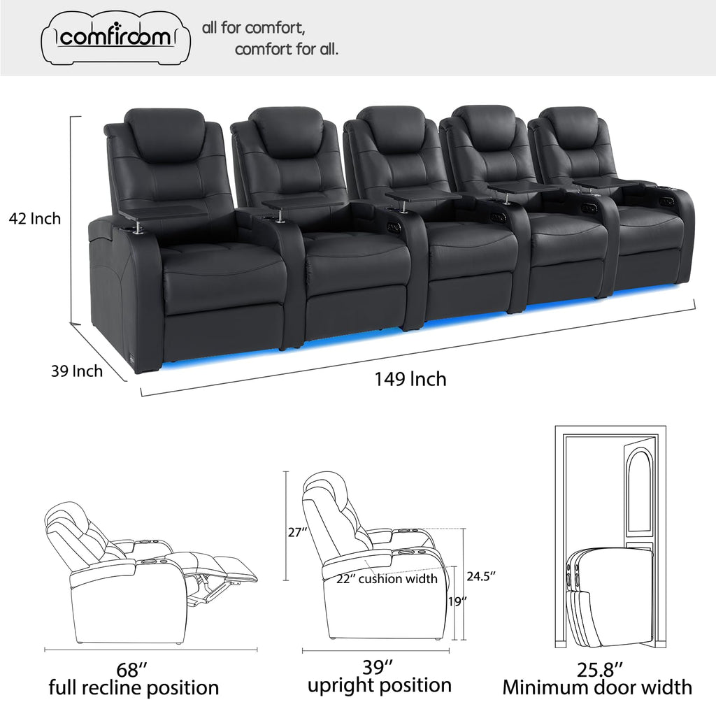 Top Grain Leather Home Theater Seating Seats, Simple Style Dual Power Movie Gaming Sofa Movie Theater Chairs Recliner Sofa with Type-C USB Charger Cup Holders (Black, Row of 5)