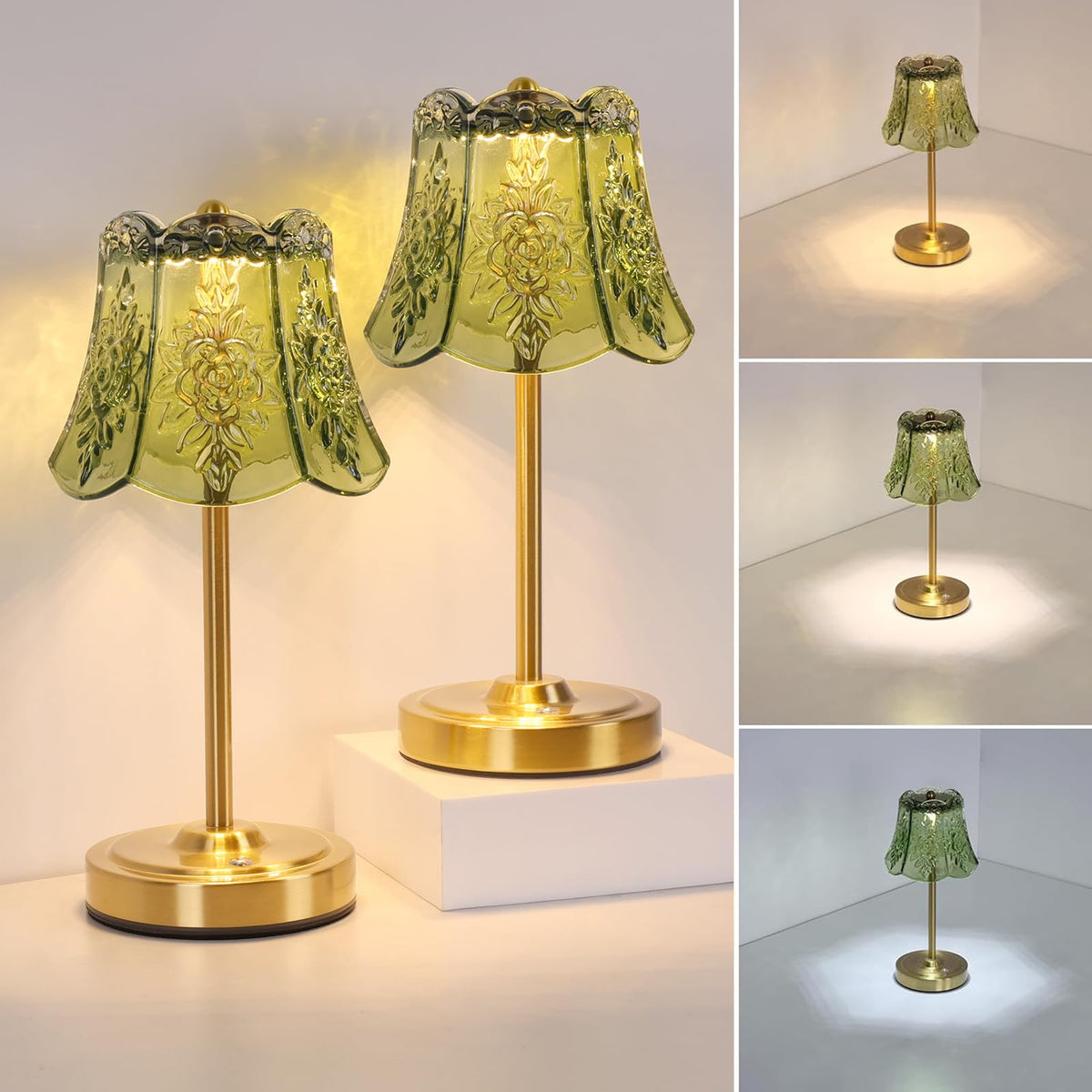 Set of 2 Cordless Touch Table Lamp with 5200mAh Battery - 3 Adjustable Color Temperatures & Dimmable, Rechargeable Lamp for Bedsides, Living Room, Entryway, Bookshelves (Green Rose)
