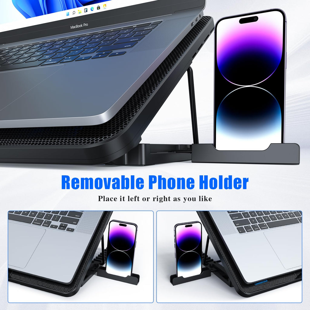 Laptop Cooling Pad, Laptop Cooler with 8 Quiet Fans for 12-17 Inch Gaming Laptop Fan Cooling Pad Stable Stand 7 Height & Wind Speed Adjustable, 2 USB Port & Phone Holder