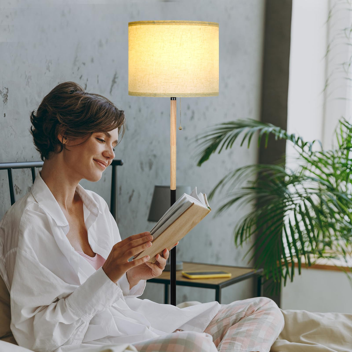 Bedroom Standing Floor Lamp with Linen Shade,White+ Wood Black Pole