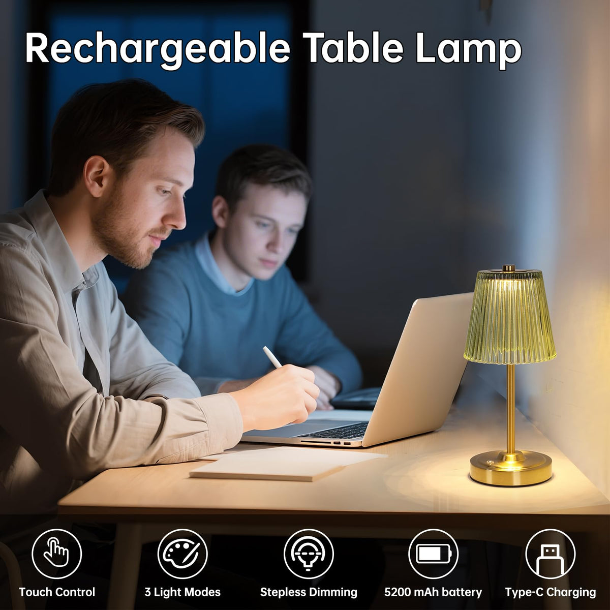Set of 2 Cordless Touch Table Lamp with 5200mAh Battery - 3 Adjustable Color Temperatures & Dimmable, Rechargeable Lamp for Bedsides, Living Room, Entryway, Bookshelves (Green Stripe)